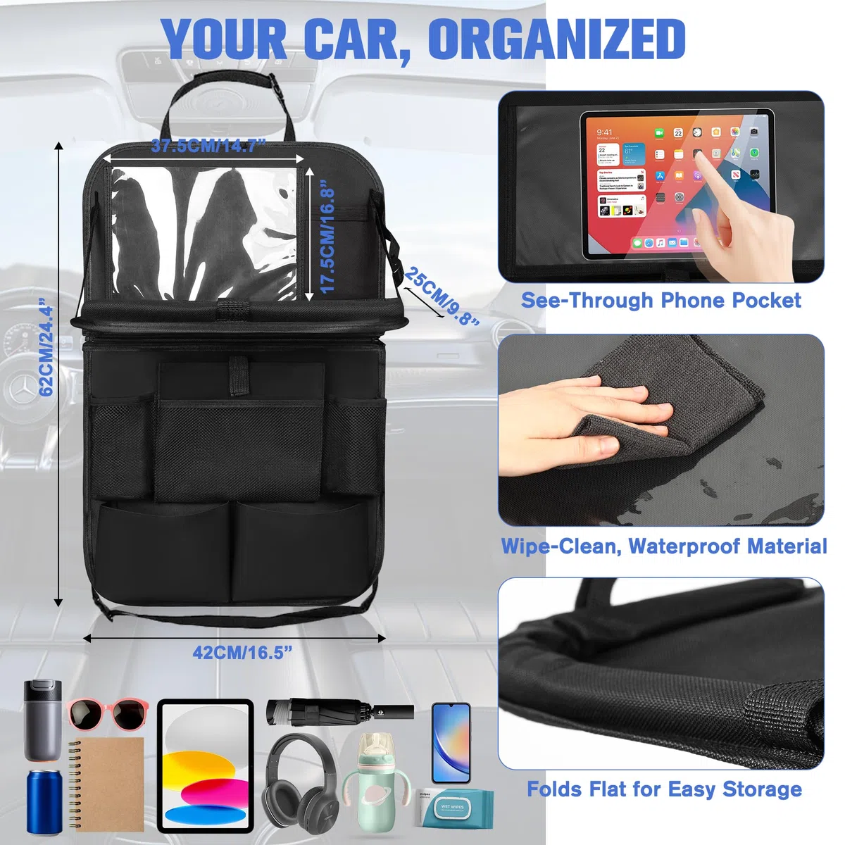Organizador Asiento Coche 2 Piezas, Negro con Mesa Plegable, 10 Bolsillos, Funda Tablet Táctil | Organizador Coche Universal para Viajes con Niños (2)