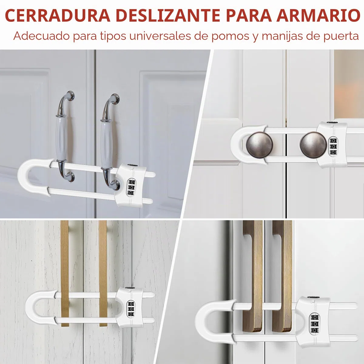 Paquete de 4 candados reutilizables para armarios, cerraduras deslizantes de seguridad para niños, en forma de U, ajustables con contraseña de 3 dígitos para armarios de cocina y armarios, se instala