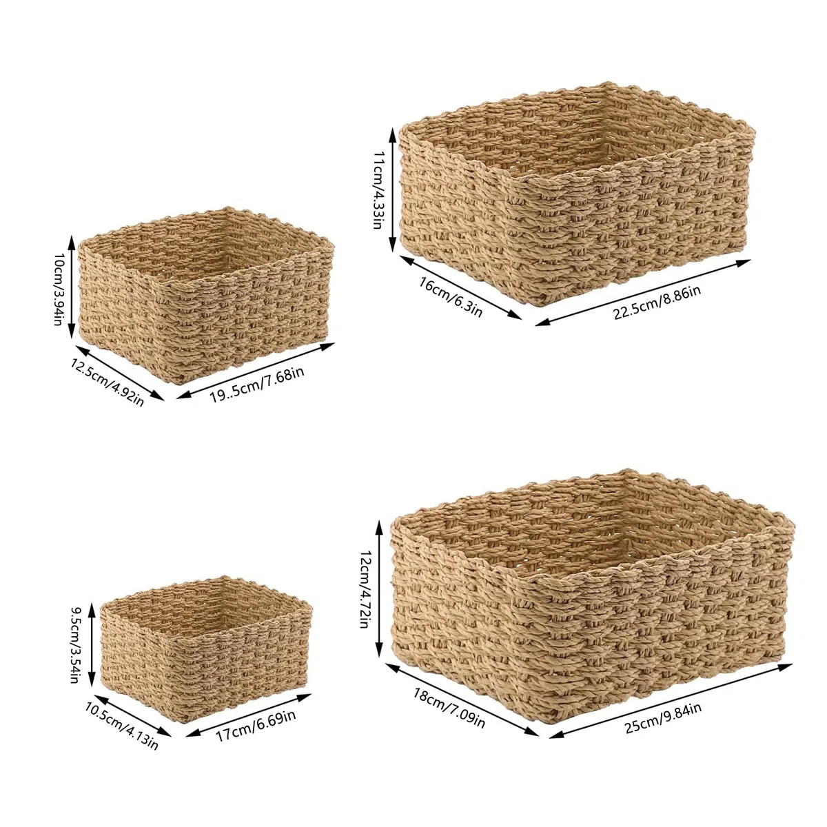 Juego de 4 Cestas de Mimbre Apilables, Cestas de Almacenamiento Trenzadas, Cestas de Cuerda de Papel Reciclable, Cestas Almacenaje, Cesta Mimbre Para Baño, Mesas, Cocina, Salón