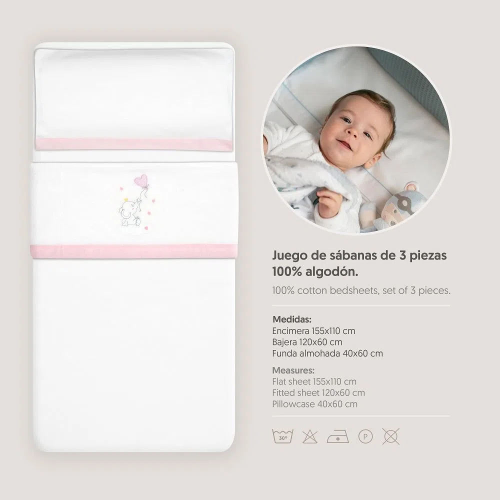 Interbaby - Juego Sabanas Cuna 60x120 Algodon 100% | Sabana Cuna Franela, Cálida, Suave | Incluye Sabana Bajera, Encimera y Funda de Almohada | Ideal para Invierno | Elefante Globo Corazón Blanco/Rosa