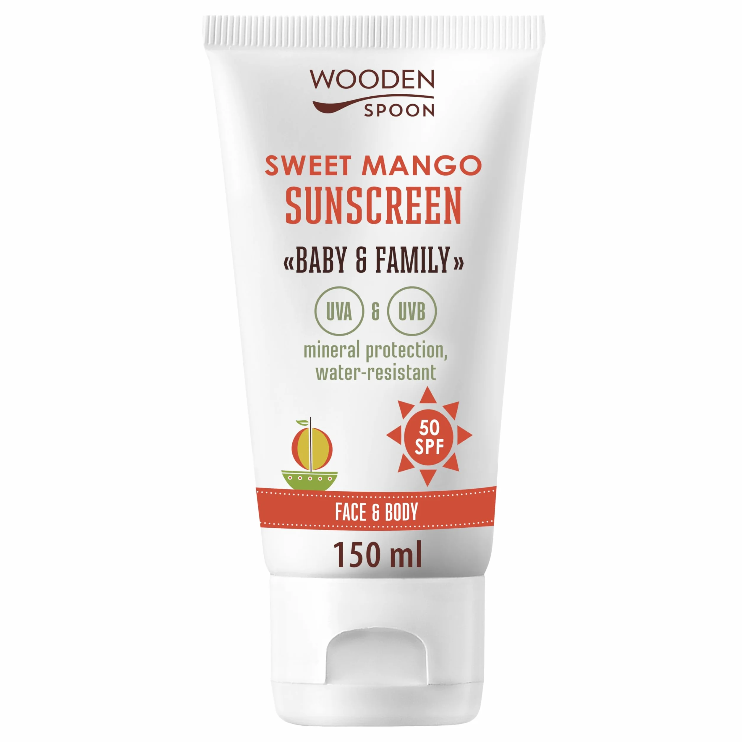 Wooden Spoon Crema Solar Orgánica Bebé y Familia “Sweet Mango” SPF 50 – 100% Natural, Zinc Invisible, Sin Rastro Blanco, Hipoalergénica, Vegana, Resistente al Agua – 150 ml