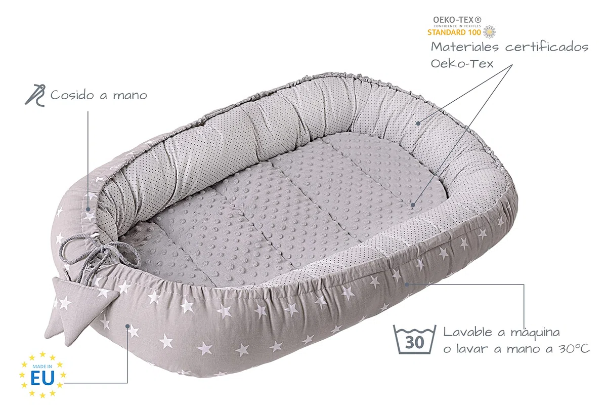 Medi Partners Nido Bebe Recien Nacido Reductor de Cuna - 100x60x15 Portátil o de Viaje de Colecho anticolicos Bilateral Bebés 100% Algodón Minky (Estrellas Blancas sobre Gris con Gris Minky)