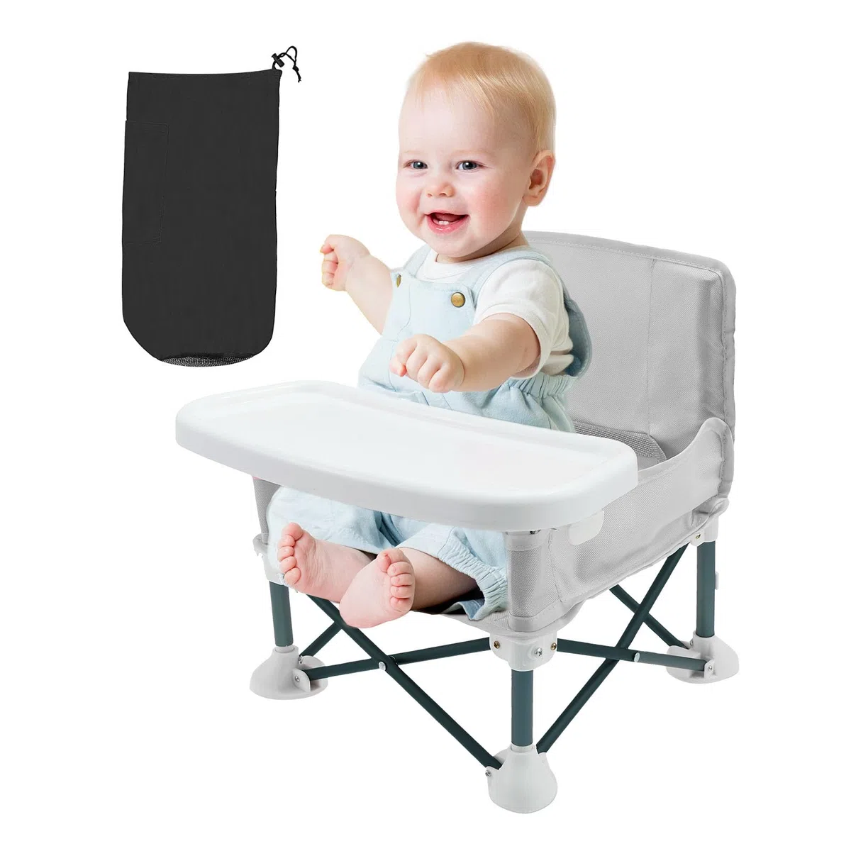 Silla de camping para bebé, trona de viaje para bebé con cinturón de seguridad infantil y compartimento de almacenamiento trasero, plegable, con forro extraíble para interior y exterior (gris)