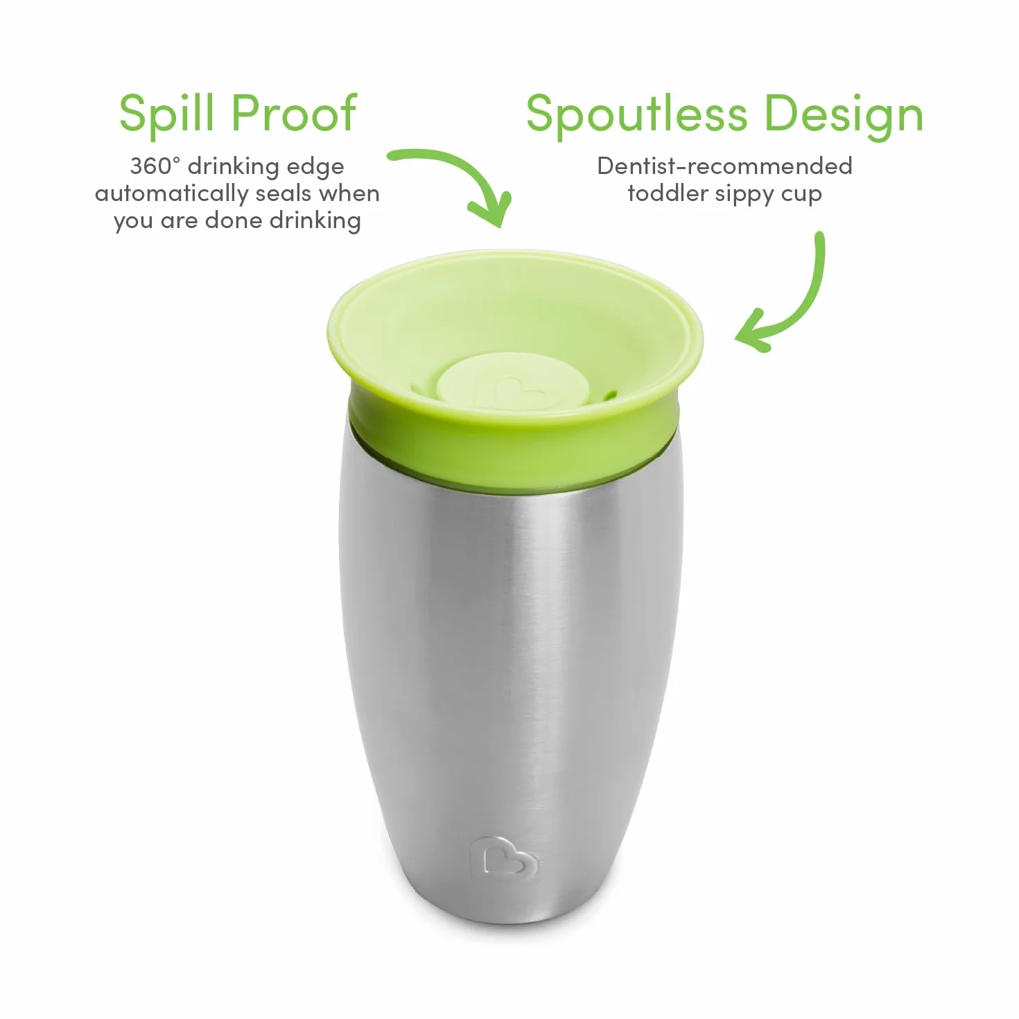 Munchkin Taza Stainless Steel Miracle 360 para Niños Pequeños, Taza para Bebé y Niño Pequeño Libre de BPA, Optimo para el Destete, Tazas a Prueba de Fugas para Niños, 12+ Meses, 10oz/296ml, Verde