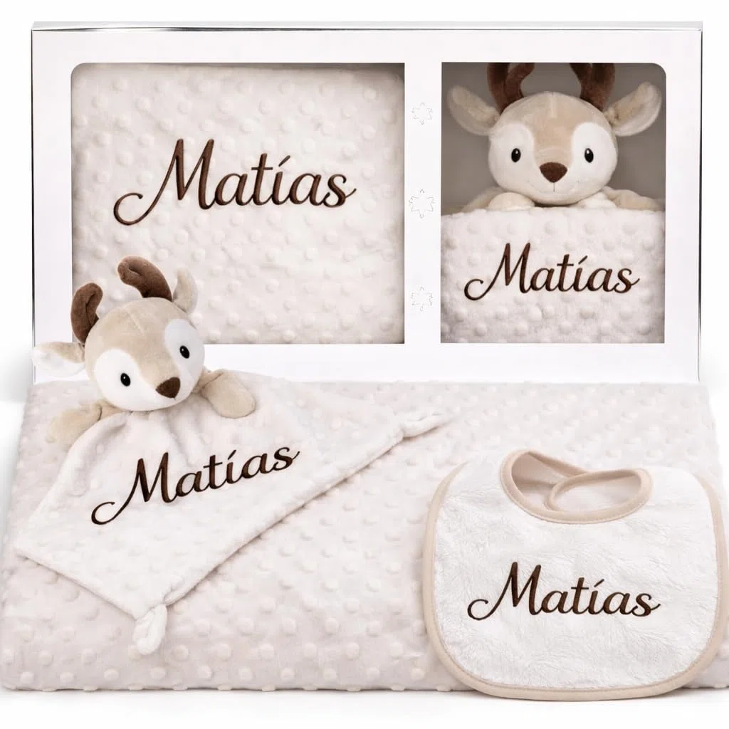 Danielstore Manta Bebé Personalizada con Nombre Bordado y Doudou, Regalo Recién Nacido Niño Niña, Mantita Minky Suave 80x100 cm y Doudou 25x25 cm para Cuna y Carrito (Manta + Dou dou + Babero)