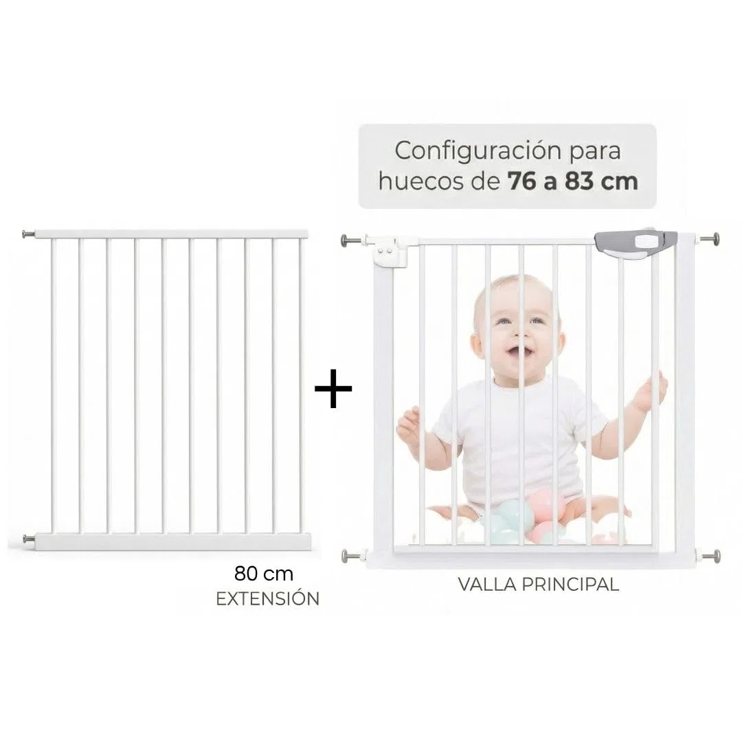 Barrera de Seguridad para Niños y Mascotas, 75-84cm, Instalación Sin Tornillos, Sistema de Cierre Automático, Giro Bidireccional, para Puertas, Pasillos y Escaleras (Blanco, Extensión 80cm)