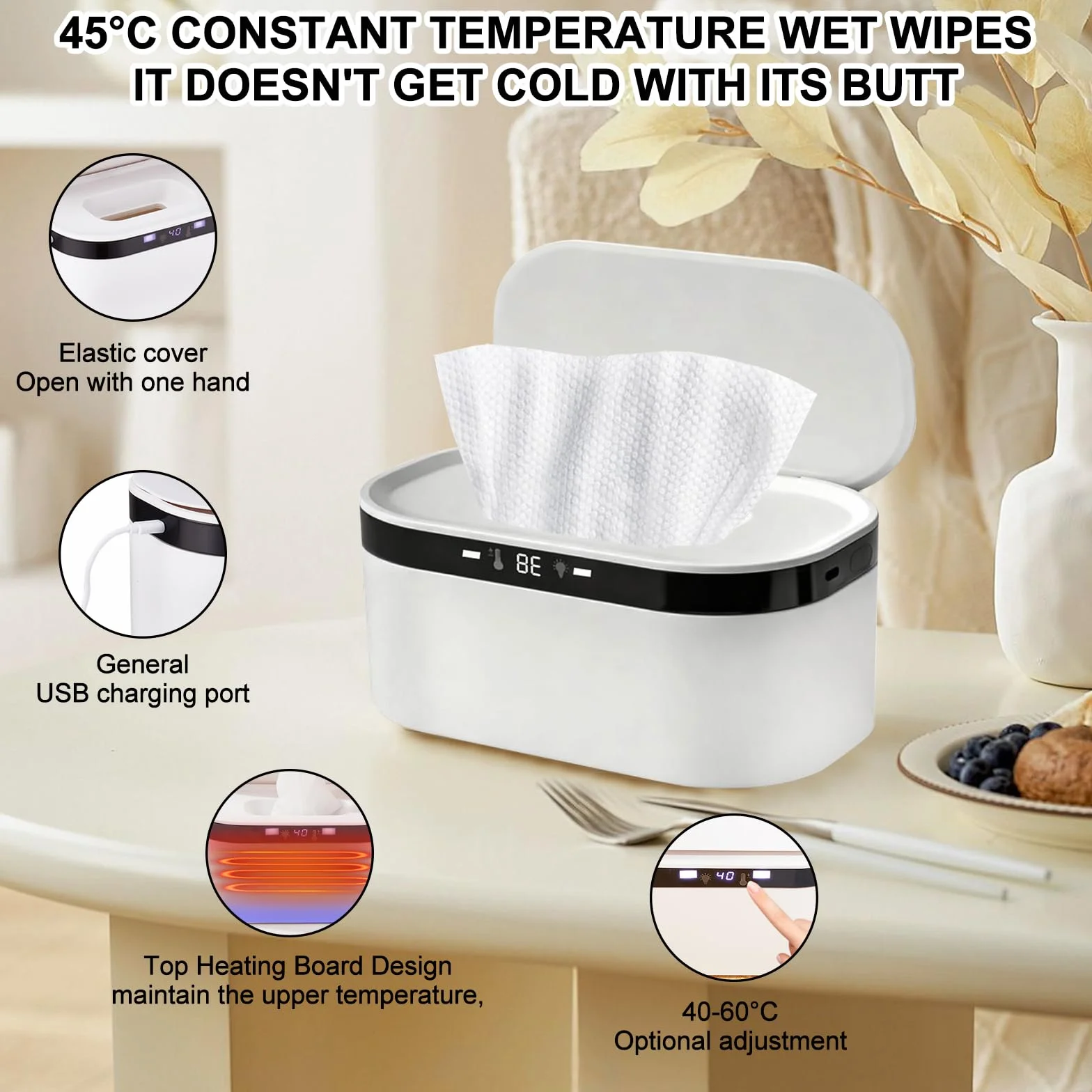 Calentador de Toallitas Húmedas, 3 Niveles de Calor, Alentamiento Rápido, USB, USB Calentador de Toallitas Humedas para Bebe, Viajes