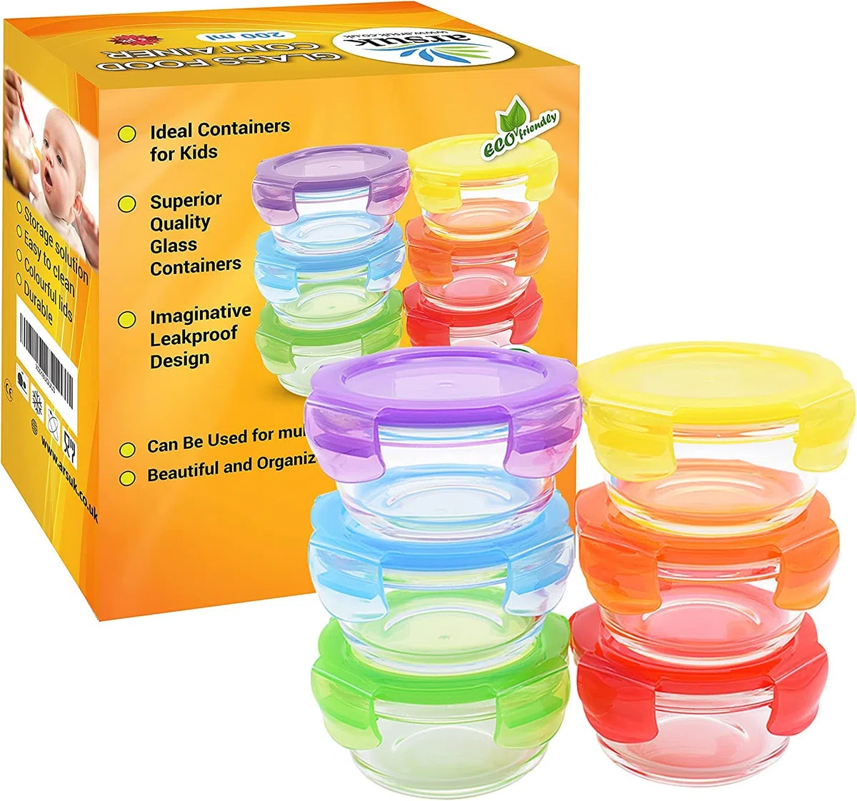 ARSUK Recipientes de vidrio para almacenamiento de alimentos para bebés, cuencos de destete pequeños, ollas para aperitivos para niños pequeños - 6 x 200 ml
