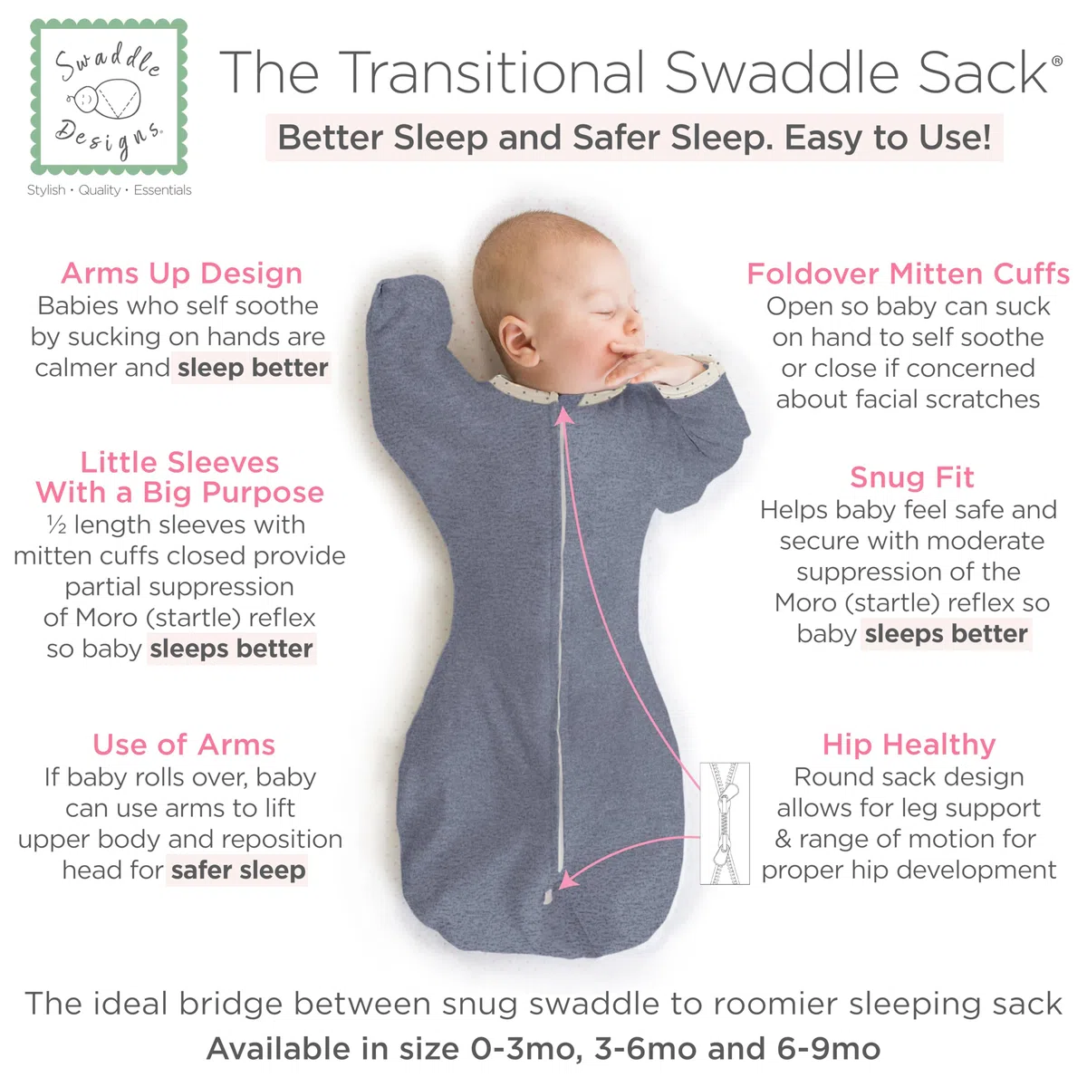 SwaddleDesigns Transitional Swaddle Sack, Arms Up Half-Length Sleeves & Mitten Cuffs, Swaddle for Newborn Transition to Baby Sleep Sack Wearable Blanket, Small, 0-3 Month, 6-14 lb, Heathered Denim