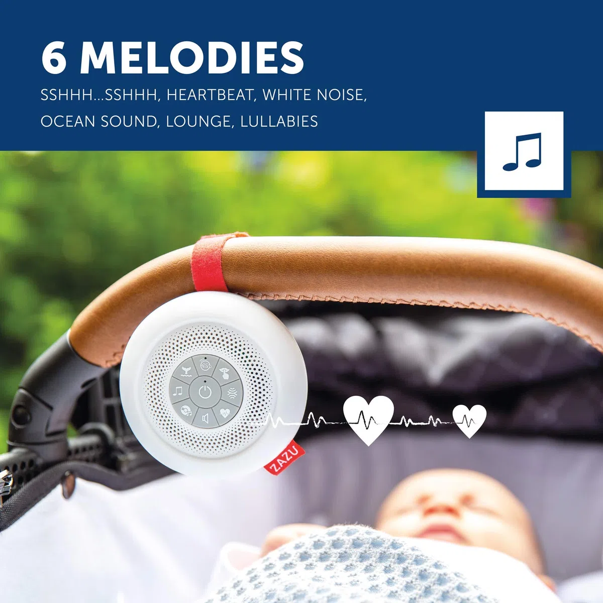 ZAZU Suzy The Baby Shusher - Ayuda para dormir y chupete para bebés | 7 melodías relajantes incluyendo latidos del corazón y ruido blanco | Máquina de sonido sobre la marcha con sensor de llanto |