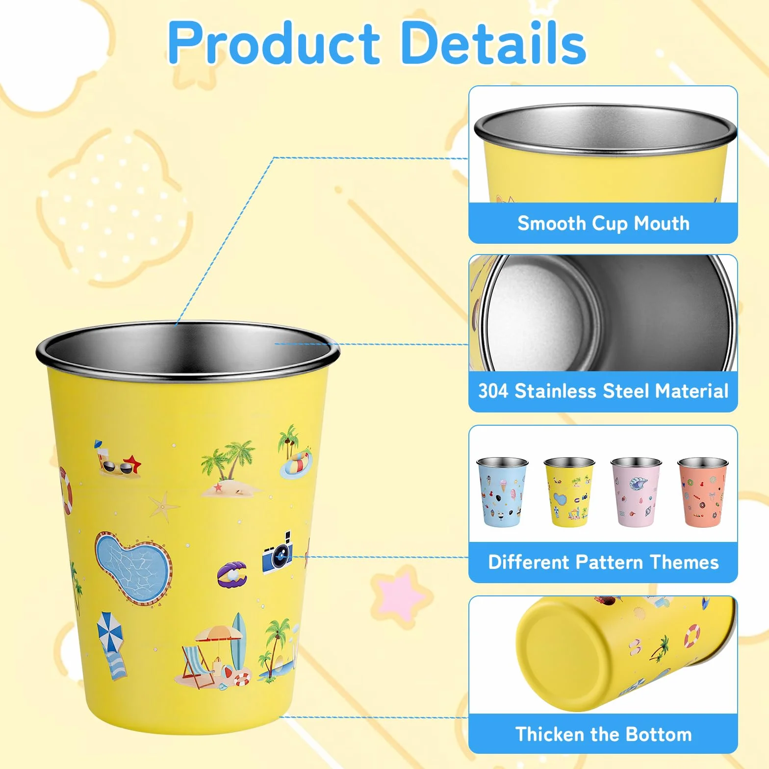4 Piezas Vaso de Acero Inoxidable para Niños, 350ML Vaso Infantil, Set de Vasos Reutilizables, Copas de Camping Apilable para Niños y Niñas (Azul, Amarillo, Naranja, Rosa)