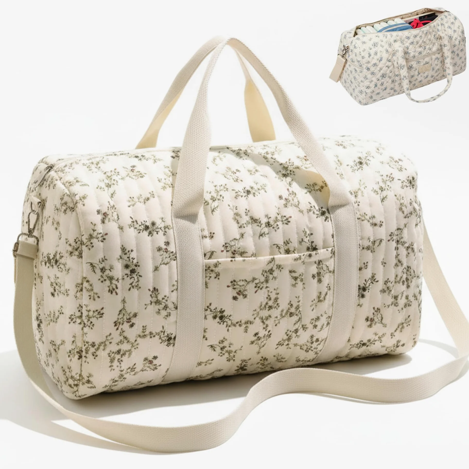 Bolsa de Viaje Acolchada, Bolsa de Fin de Semana Acolchada con Estampado Floral con asa y Correa, Linda de Viaje con Bolsillo y Cremallera para Mujeres, Viajes, Hospital, pañales, Gimnasio, 18