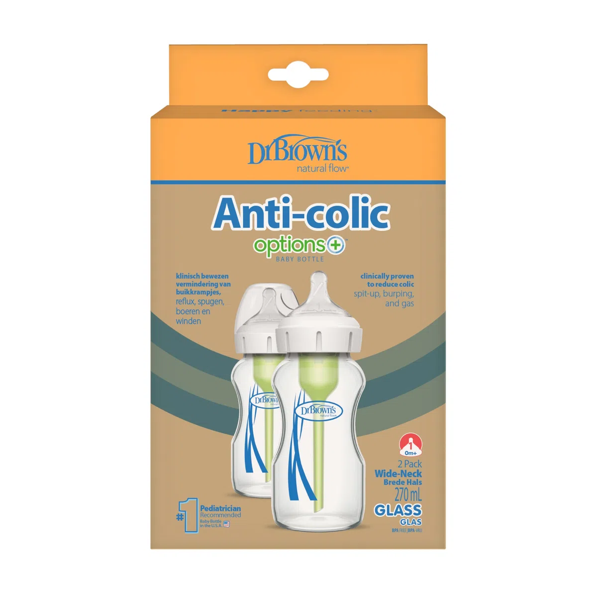 Dr. Brown’s Pack de 2 Biberones Anticólicos de Cristal Options+ 270 ml Boca Ancha – Sistema Patentado con Ventilación Interna - Con Tetina Nivel 1 de Flujo Lento +0 Meses – Silicona Médica y Sin BPA