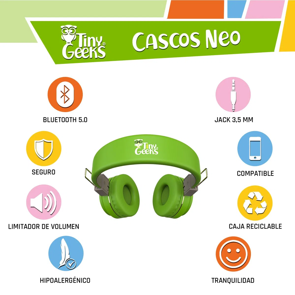 TinyGeeks Neo - Auriculares inalambricos con límite de Volumen - Certificación SGS 83 dB + Certificación CPSIA | Auriculares para niños con Control de Volumen - Verde