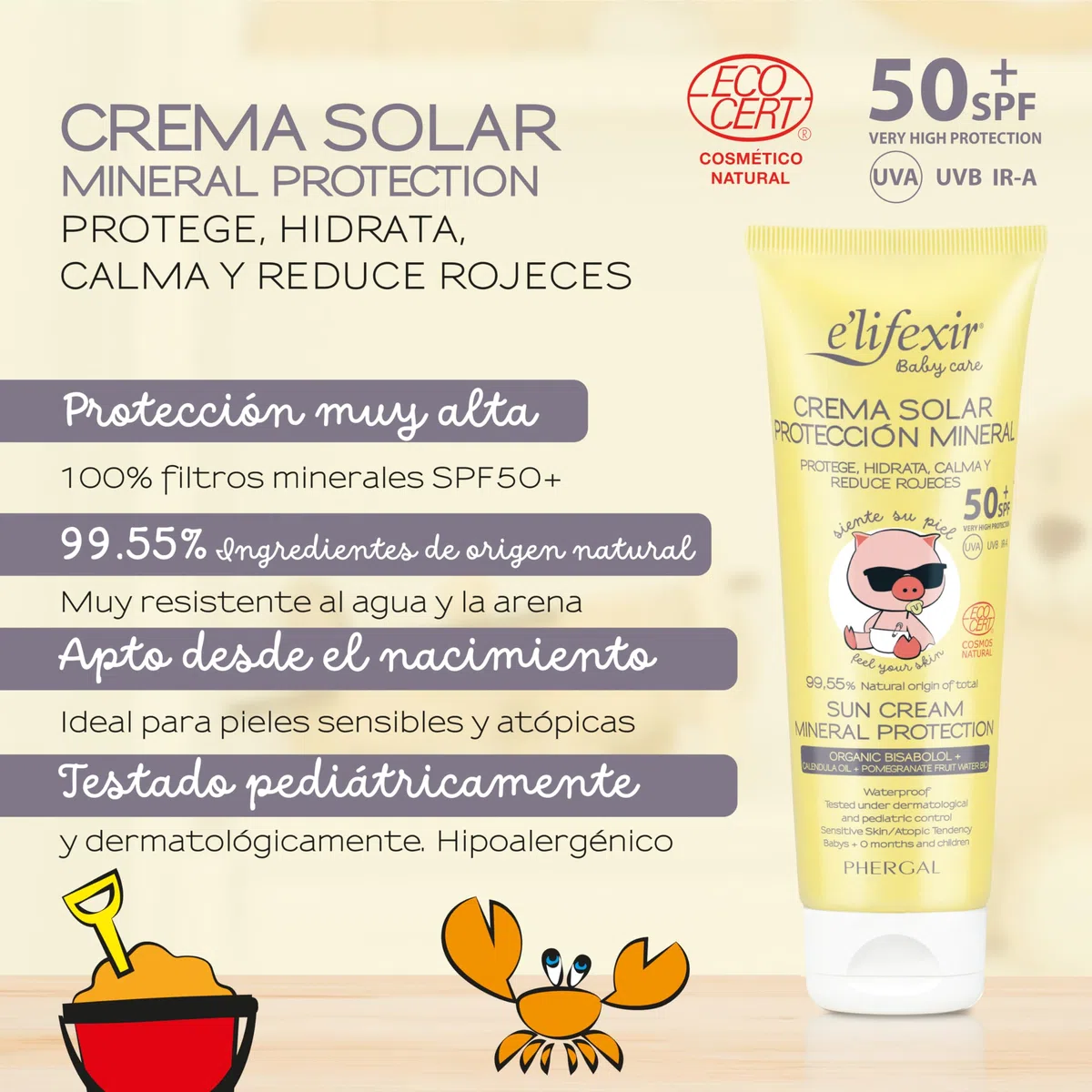 Baby Care de Elifexir | Pack Especial Verano | Protector Solar SPF 50+ (100 ml) + Crema Hidratante (400 ml) + Minitalla Gel-Champú (50 ml) + Manguitos | Protección Completa del Bebé