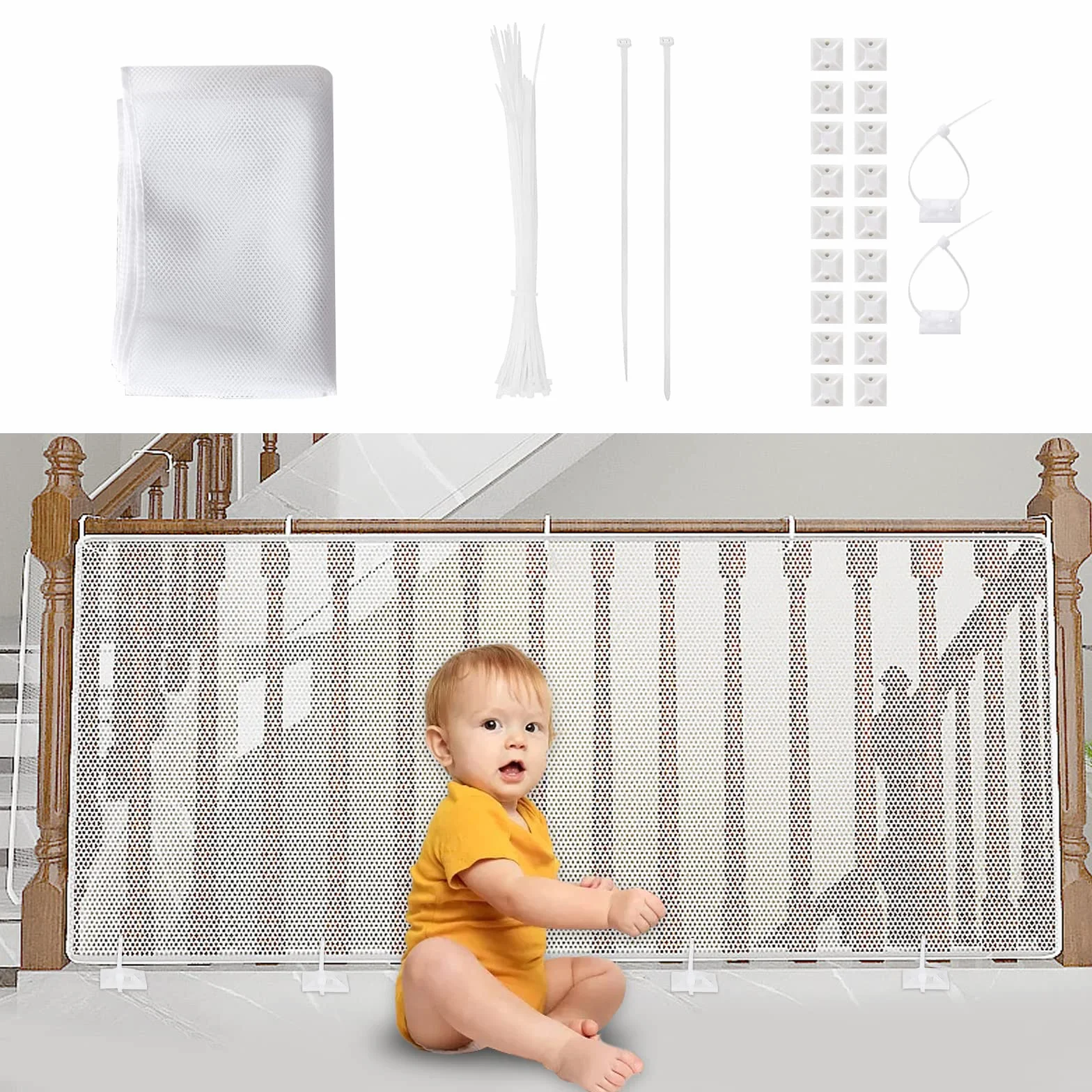 Red de Seguridad para Niños, Bebé Red de Seguridad para Balcón y Escaleras, 300Lx90H CM Robusto Ajustable Malla de Protección de Valla de Barandilla para Infantil, Blanco