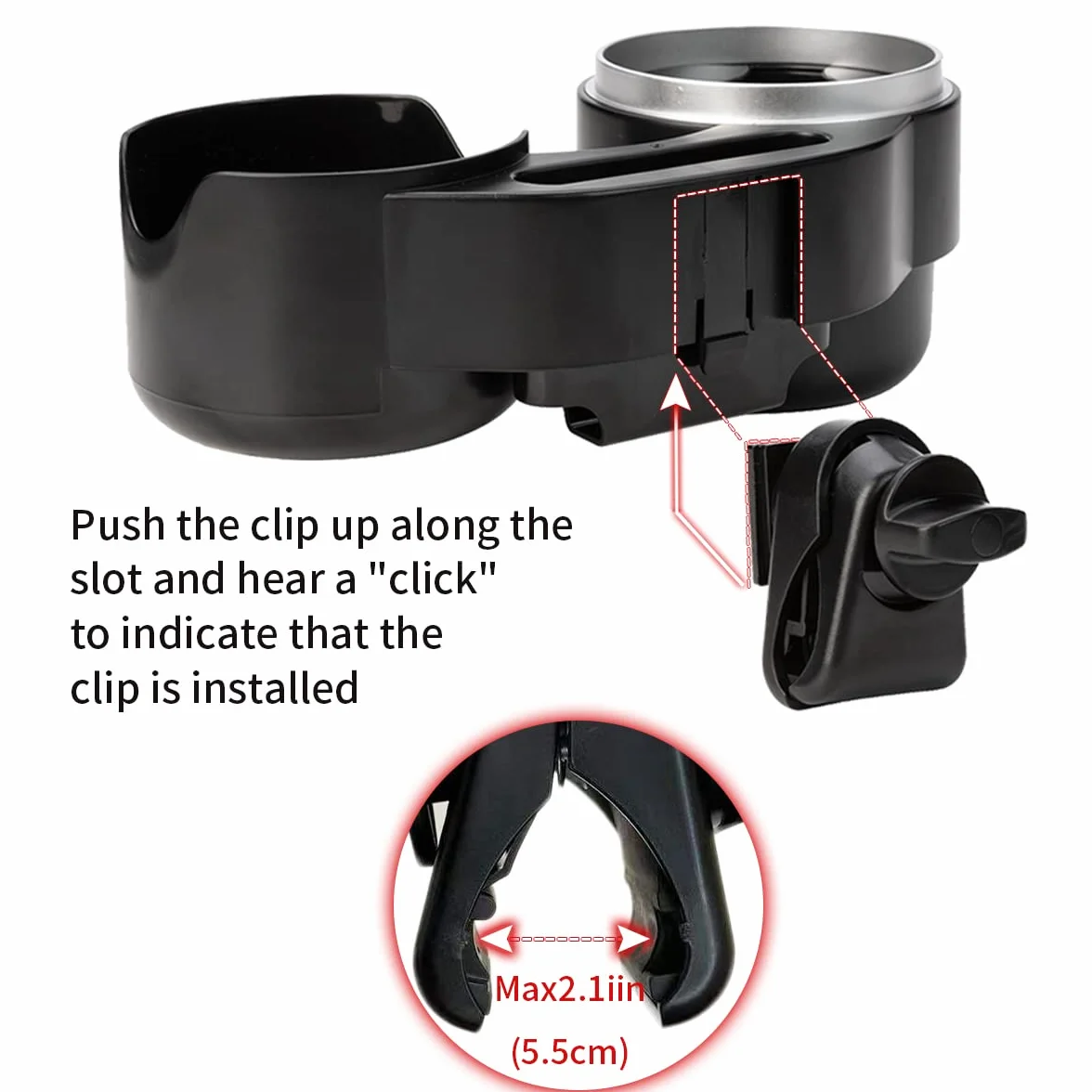 Funbliss Portavasos para Cochecito con Soporte para teléfono, Ajuste Universal Portabotellas, Portavasos Carrito Bebé, con 2pcs Gancho,Colector de Aperitivos Gratuito