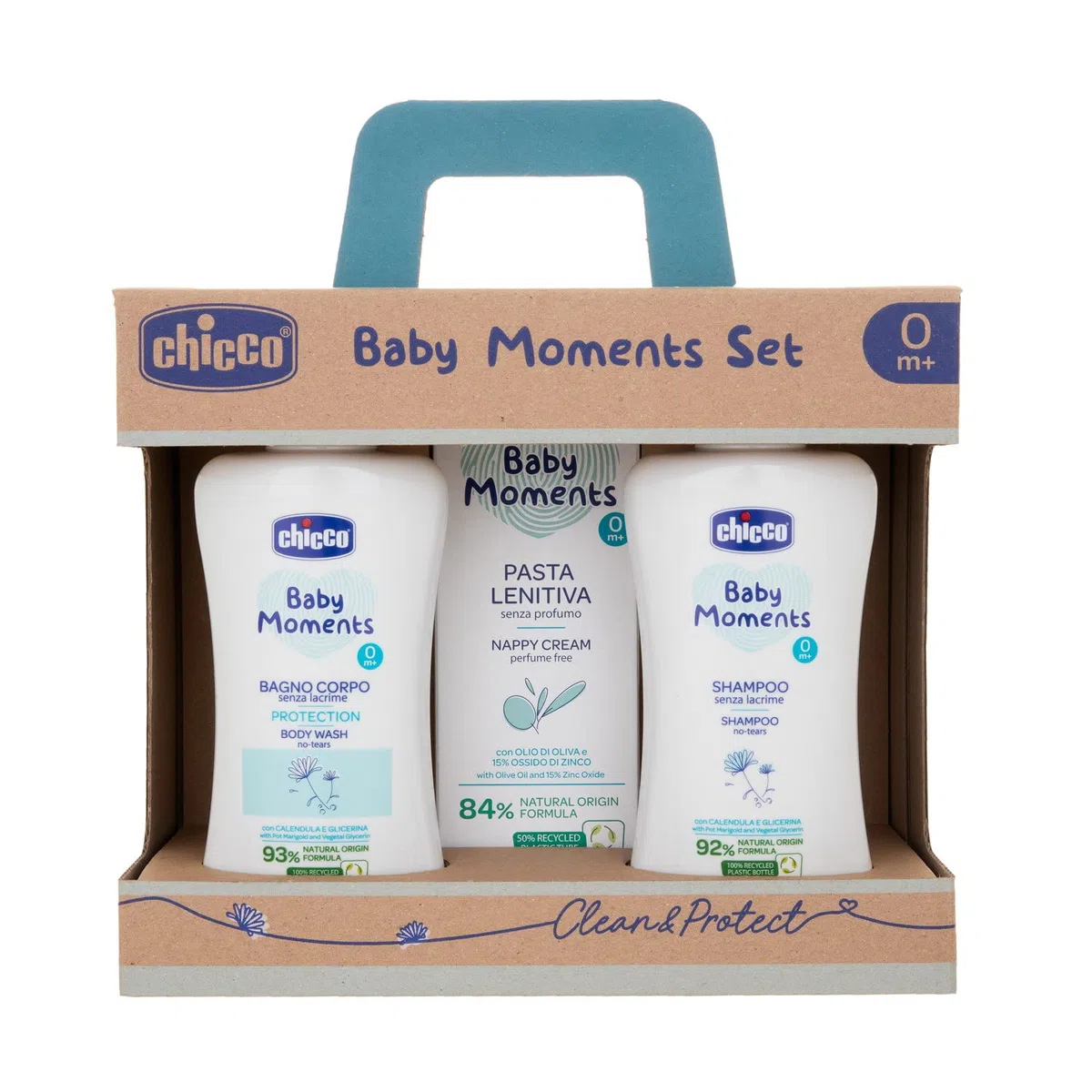 Chicco Set Baby Moments con Baño Corporal de 200 ml, Champú Sin Lágrimas de 200 ml, Pasta Calmante de 100 ml, Idea de Regalo, 0 Meses +
