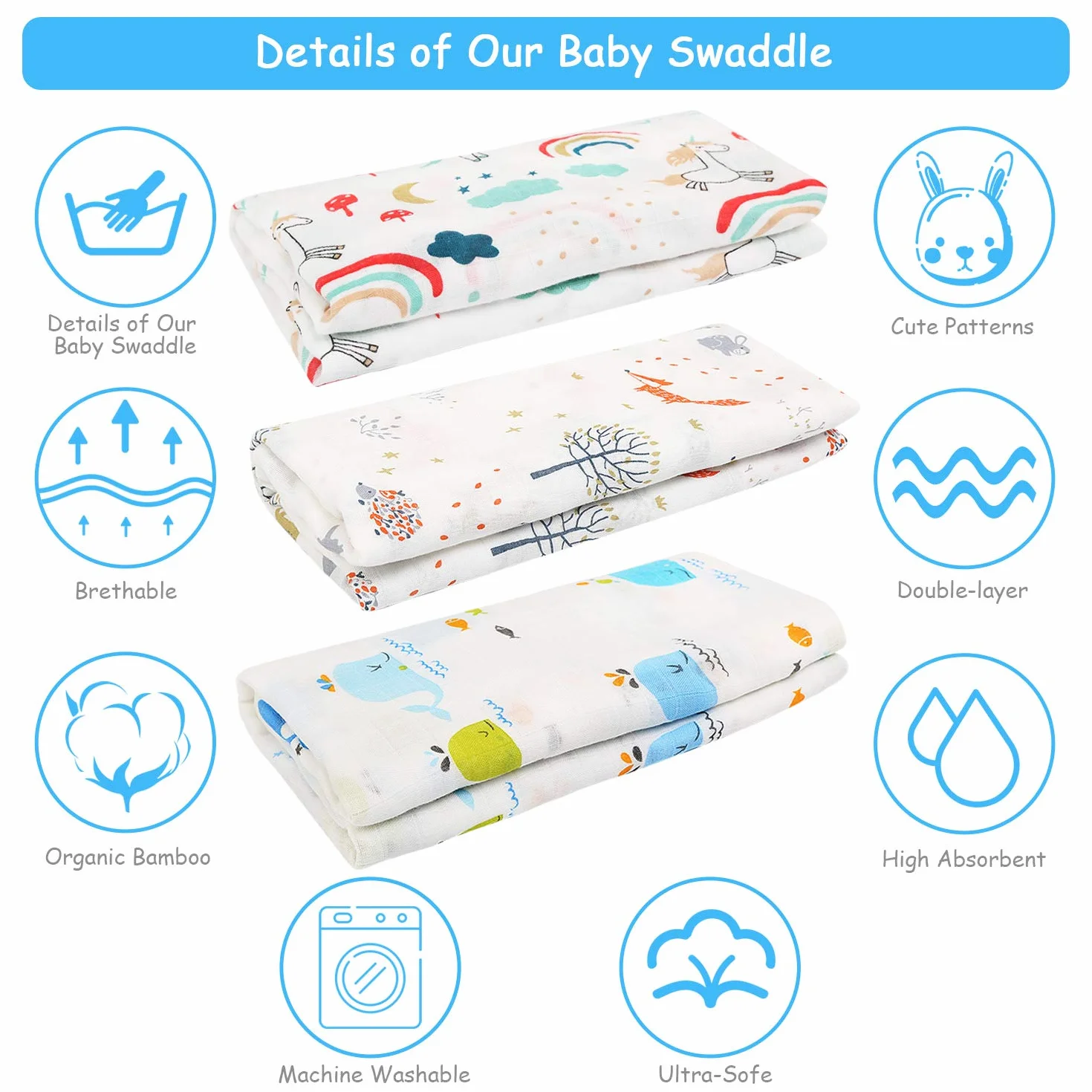 Muselina Bebé, Mantas Bebé, Bambú Algodón 120x120 cm Grande Mantas Swaddle de Muselina para Bebes Recién Nacidos, Envoltura Mantas, Suave & Respirable - Paquete de 3