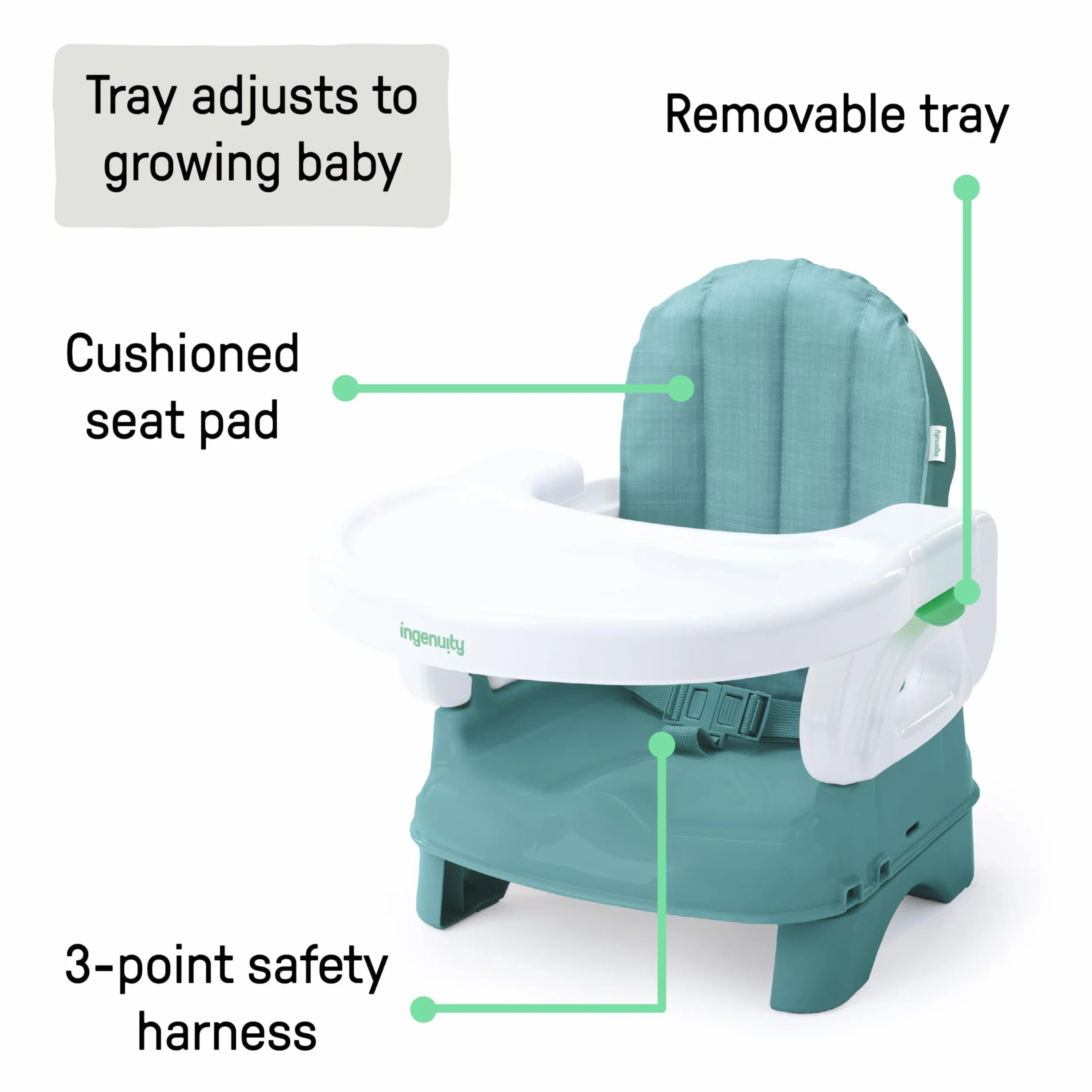 Ingenuity, Trona Portátil Bebé Deluxe Comfort Folding Baby Booster Seat - Altura Ajustable - Acolchado - Teal - 6M-3Y