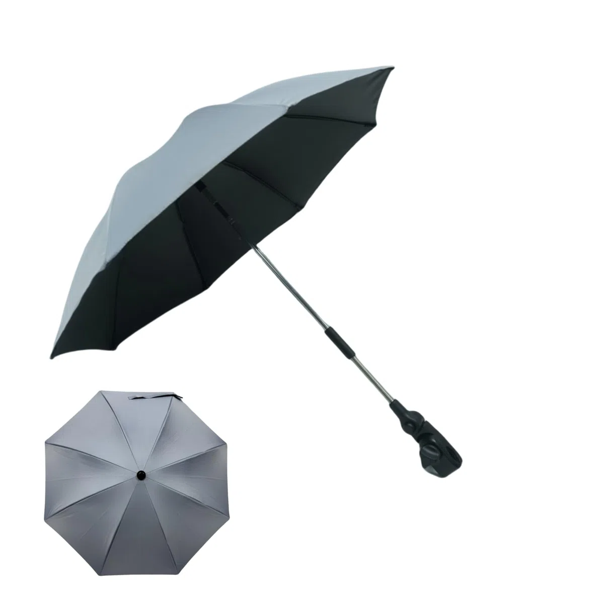 Sombrilla Carrito Bebé, Sombrilla para Cochecito de Bebé Universal Anti UV con Abrazadera Ajustable, Parasol Carro Bebe para Cochecito, Gris