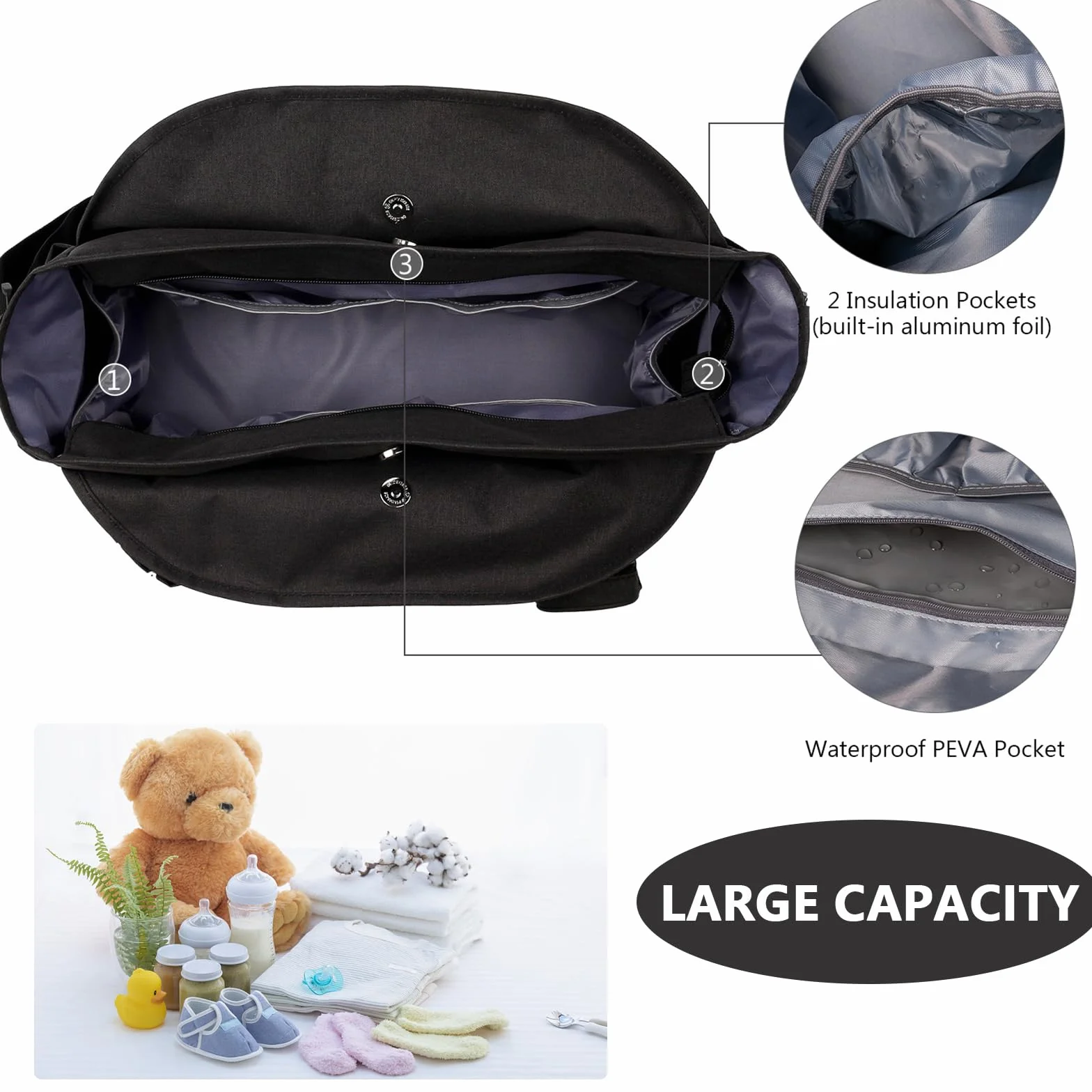 Bolso Cambiador Bebe, Pañaleras Gran Capacidad con Bolsa de Chupete para Bebés, Gran Bolso de Viaje, Bolsa Hospitalaria Multifunción para Maternidad (Negro)