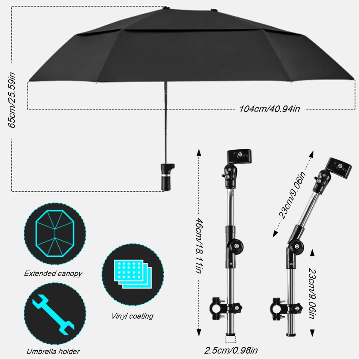 Paraguas de silla con abrazadera ajustable, paraguas de silla de ruedas de protección de lluvia/UV, 40.9 Parasol extendido de doble lado para cochecito, cochecito, bicicleta, sillas de playa, blanque