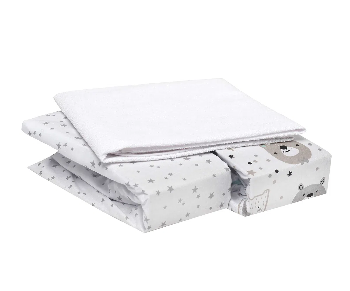 FlyIdeas Juego 3 Pza Sabanas Minicuna Colecho Next2Me 50x83 cm, 100% Algodon Cert - 2 Sábanas Bajeras y 1 Protector Colchon Impermeable Compatible Cochecitos y Colchones 50x80, 50x83 y Similar