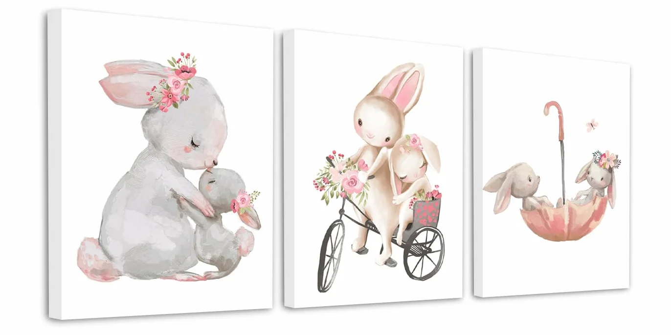 Zamety Juego de 3 imágenes para habitación infantil de niña, conejo de conejo, cuadros en lienzo para habitación de bebé con marco, cuadros infantiles para dormitorio, decoración de pared, salón, 21 x