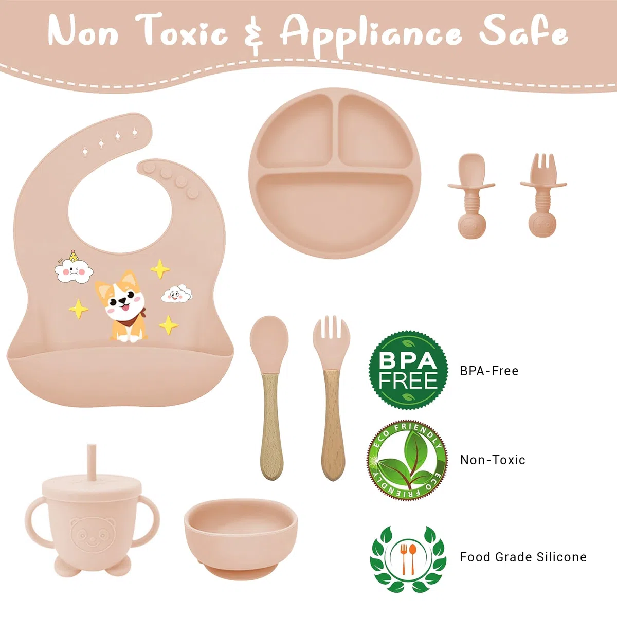 Set de vajilla de silicona para bebé 9 piezas – Plato y cuenco con ventosa, vaso de aprendizaje, cubiertos de silicona, babero y delantal manga larga – Kit BLW antideslizante, apto lavavajillas, plega