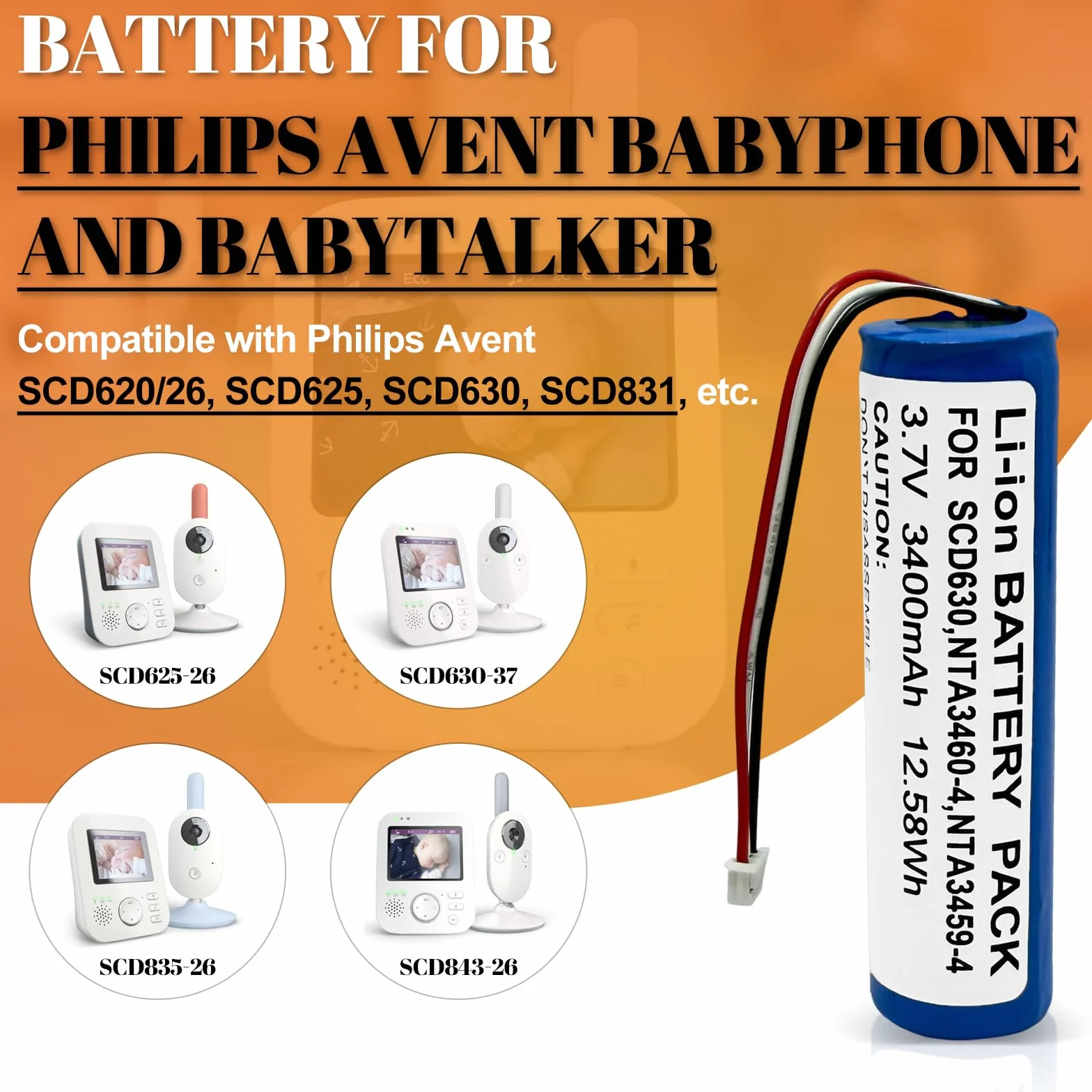 Batería compatible con Philips Avent vigilabebés SCD620, SCD625, SCD630, SCD831, SCD833, SCD835, SCD841, SCD843, SCD845, etc. Sustituye a los modelos Philips: NTA3460-4, NTA3459-4, 1S1PBL1PBL1. 865-2