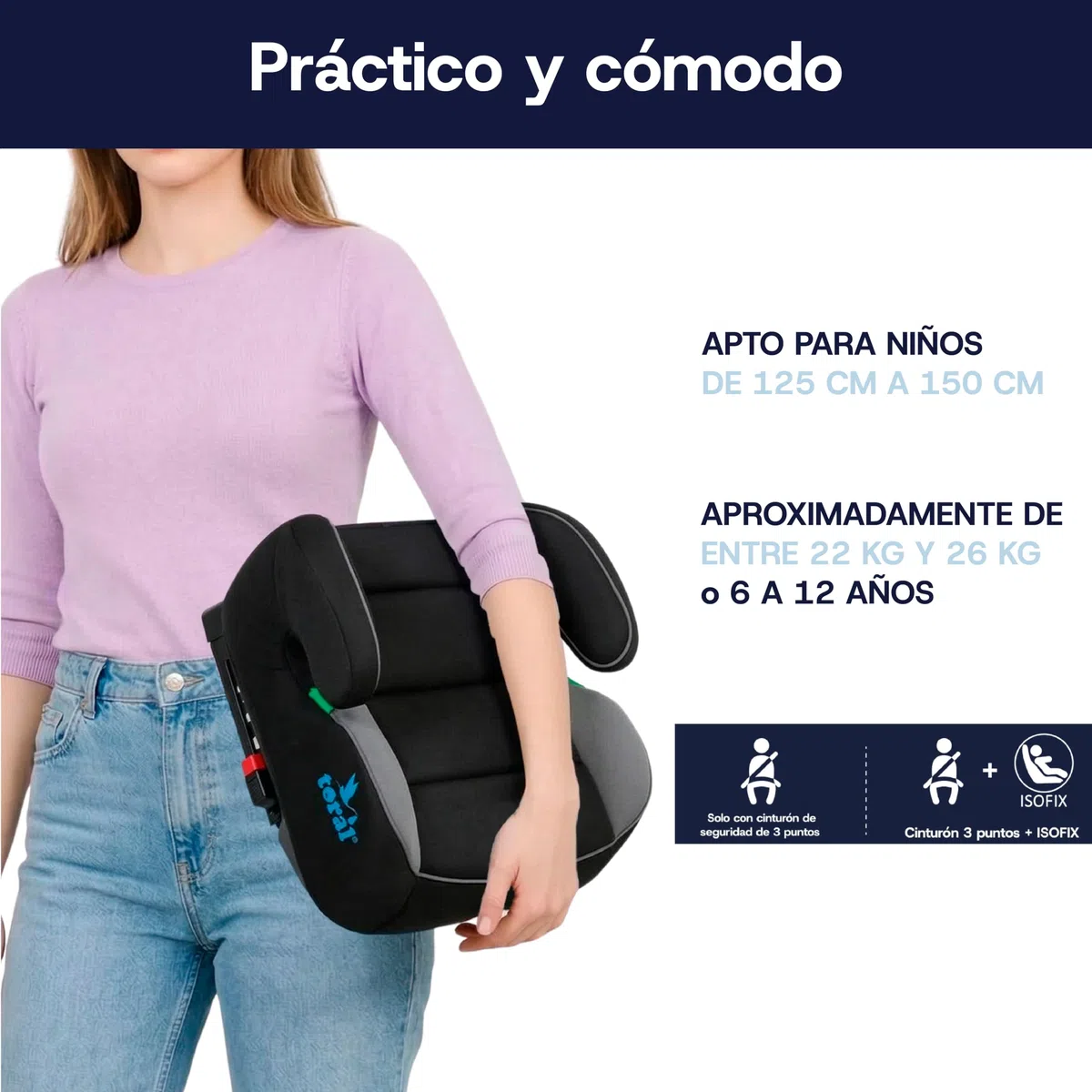 toral - Alzador Coche Niño Isofix i-Size - Asiento Elevador Niño - Se puede utilizar también sin Isofix - Silla Coche grupo 1 2 3 - Modelo Monza Negro