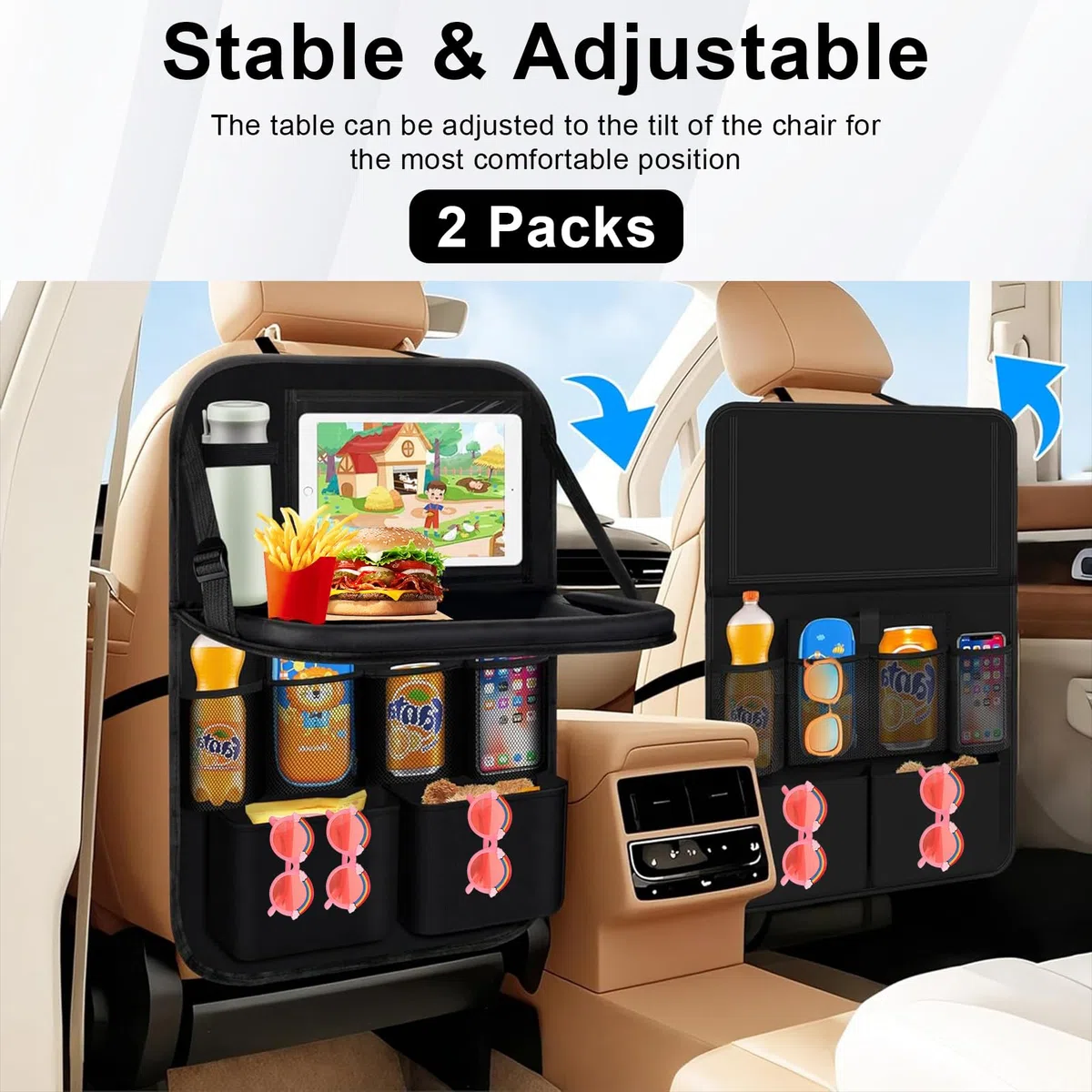 2 organizadores de asiento de coche con mesa plegable, organizador grande para asiento trasero de coche para niños, multifuncional, resistente al agua, organizador de asiento trasero, bolsa para