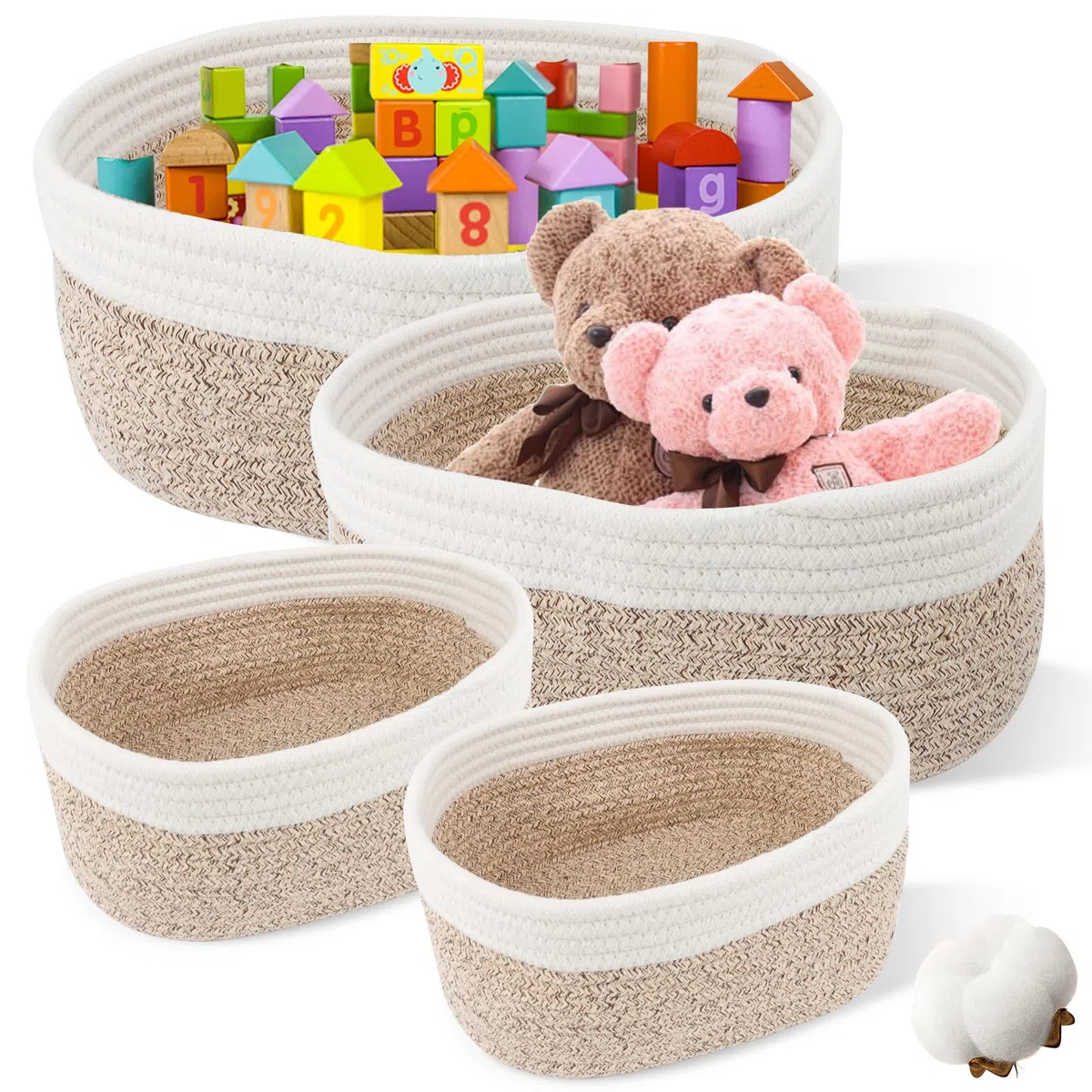 Juego de 4 Cestas Almacenaje Tejida con Cuerda de Algodón, Cesta de almacenamiento para niños Cesta Bebe Organizadoras, Cestas Organizadoras para Baño Juguetes, Cambiador