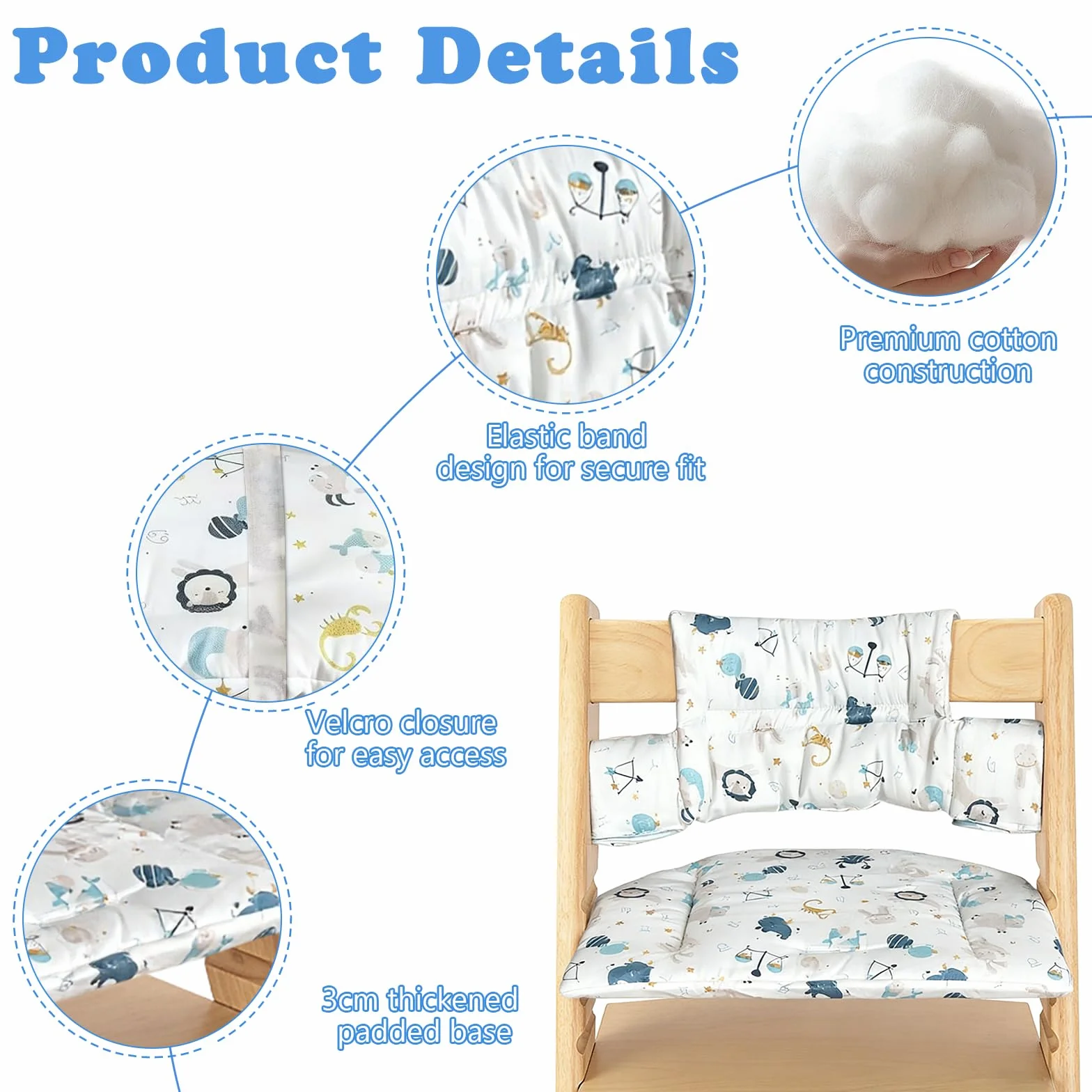 Juego de 2 cojines para trona Stokke Tripp Trapp, de algodón orgánico con revestimiento laminado resistente al agua, fácil de limpiar y extraíble, lavable a máquina (animales marinos)