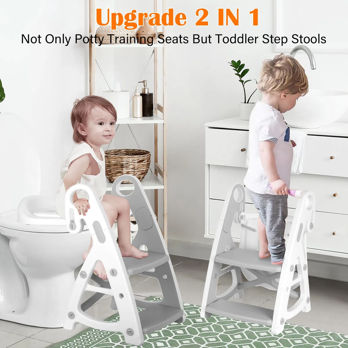 Withosent Adaptador WC Niños con Escalera, Ajustable Altura Reductor WC con PU Cojín, 2 en 1 Plegable Escalera Niños con Antideslizante Taburete, Potty Training Adaptador Baño para Bebé