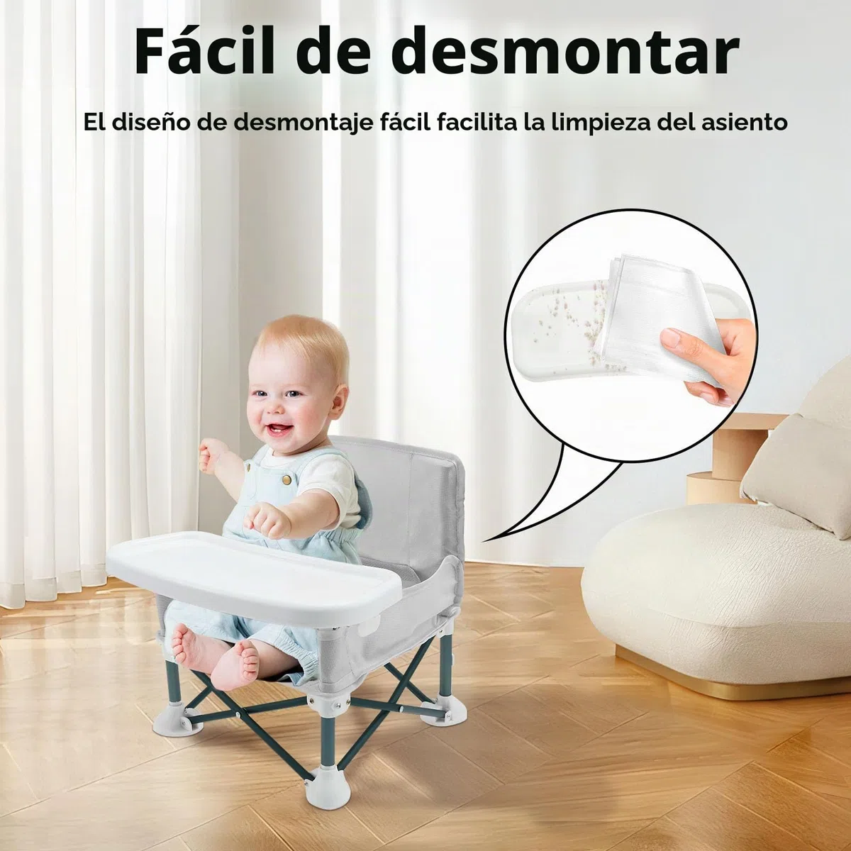 Silla de camping para bebé, trona de viaje para bebé con cinturón de seguridad infantil y compartimento de almacenamiento trasero, plegable, con forro extraíble para interior y exterior (gris)