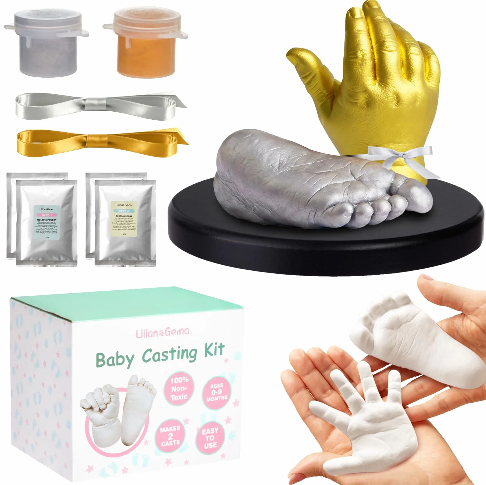 Lilian&Gema Kit de fundición de manos y pies para bebé, kit de molde de mano de recuerdo para recién nacidos, kit de molde de mano de yeso para bebés de 0 a 6 meses, perfecto para primer cumpleaños
