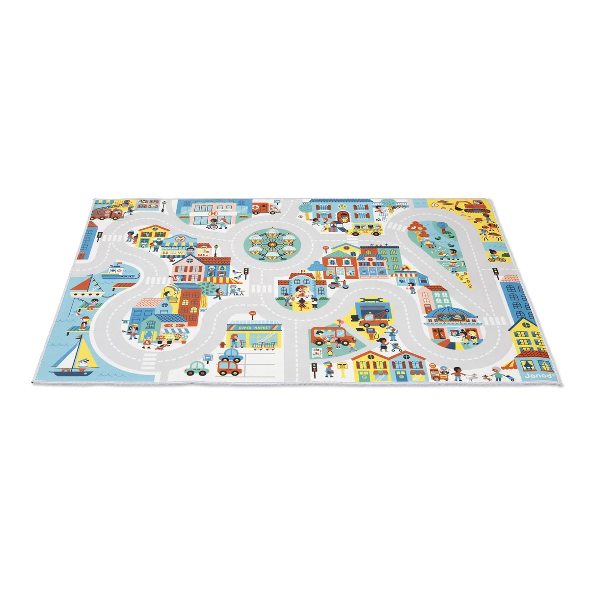 Janod - Alfombra de Coche Infantil - Tema Ciudad - Suave y Antideslizante - Motivo Urbano - Alfombra de Habitación para Niños y Niñas - 120 x 78cm - Lavable a Mano - A Partir de 2 años - J05910