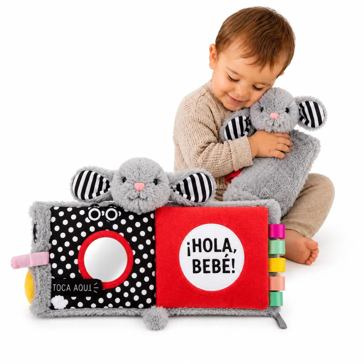 Mi Primer Libro Peluche el Conejito Copito Acompaña a tu Bebé en las Primeras Etapas de su Desarrollo Cognitivo Libro Estimulación Sensorial Diseñado en España en Castellano (ROJO-NEGRO)