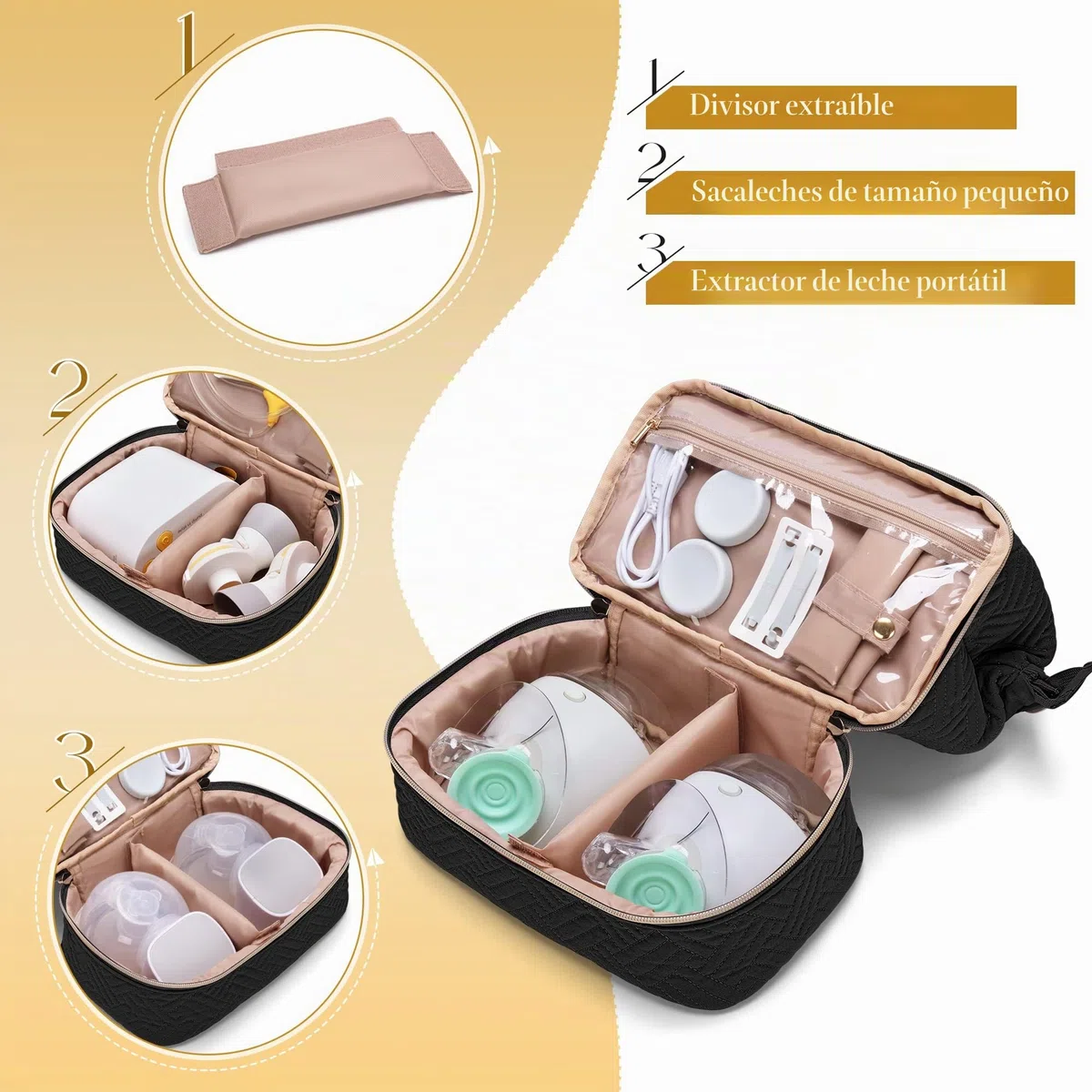 Fasrom Bolsa extractor de leche portátil compatible con sacaleches Elvie Pump in Style, funda de transporte de doble capa con esterilla impermeable y bolsillos aislantes para madres trabajadoras Negra