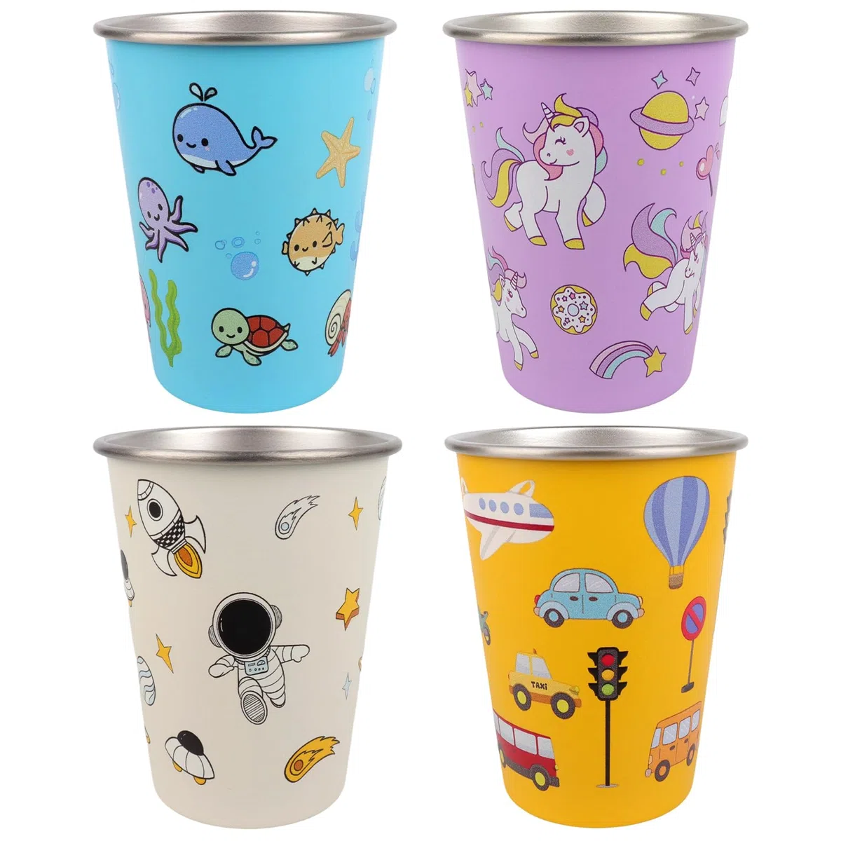 4 vasos infantiles de acero inoxidable, 350 ml, vasos de acero inoxidable, reutilizables, vasos para niños, con bolsa de almacenamiento para niños y niñas (diseño en 4 colores)