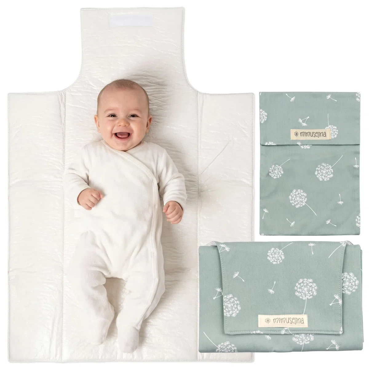 MIMUSELINA Pack de Cambiador Bebe Portatil Impermeable y Bolsa Pañales | Cambiador Bebe Plegable y Ligero para Paseo | Exterior 100% Algodón | Ideal como Regalo Recien Nacido | Hecho en España