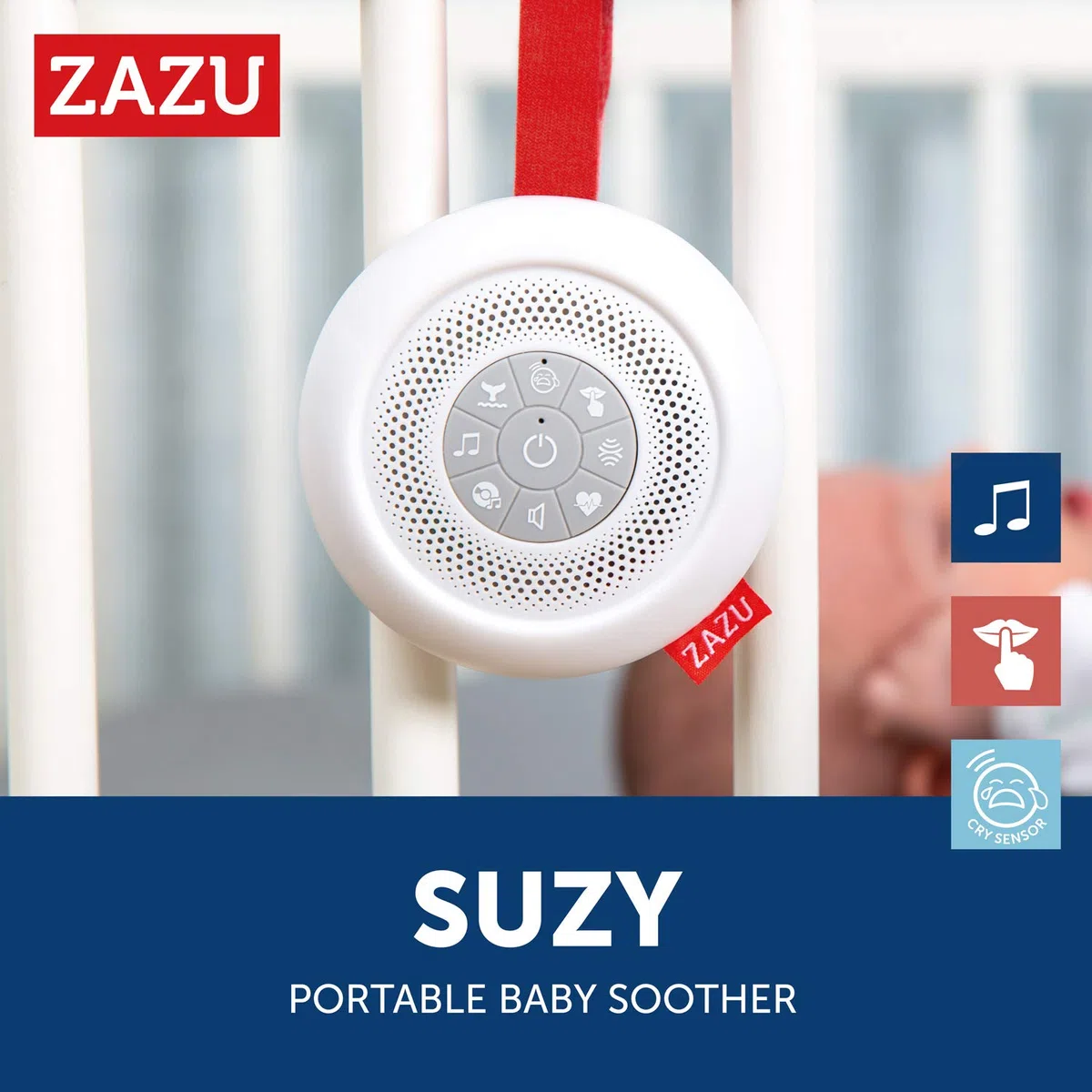 ZAZU Suzy The Baby Shusher - Ayuda para dormir y chupete para bebés | 7 melodías relajantes incluyendo latidos del corazón y ruido blanco | Máquina de sonido sobre la marcha con sensor de llanto |