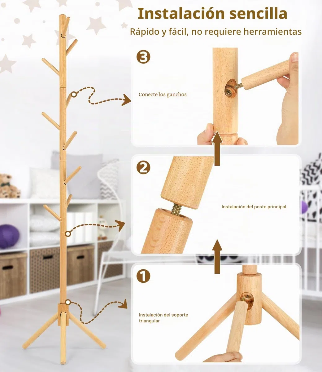 Perchero de madera de haya para niños, soporte de altura ajustable con 9 ganchos, organizador de ropa infantil independiente para pasillo, dormitorio, fácil montaje (natural)