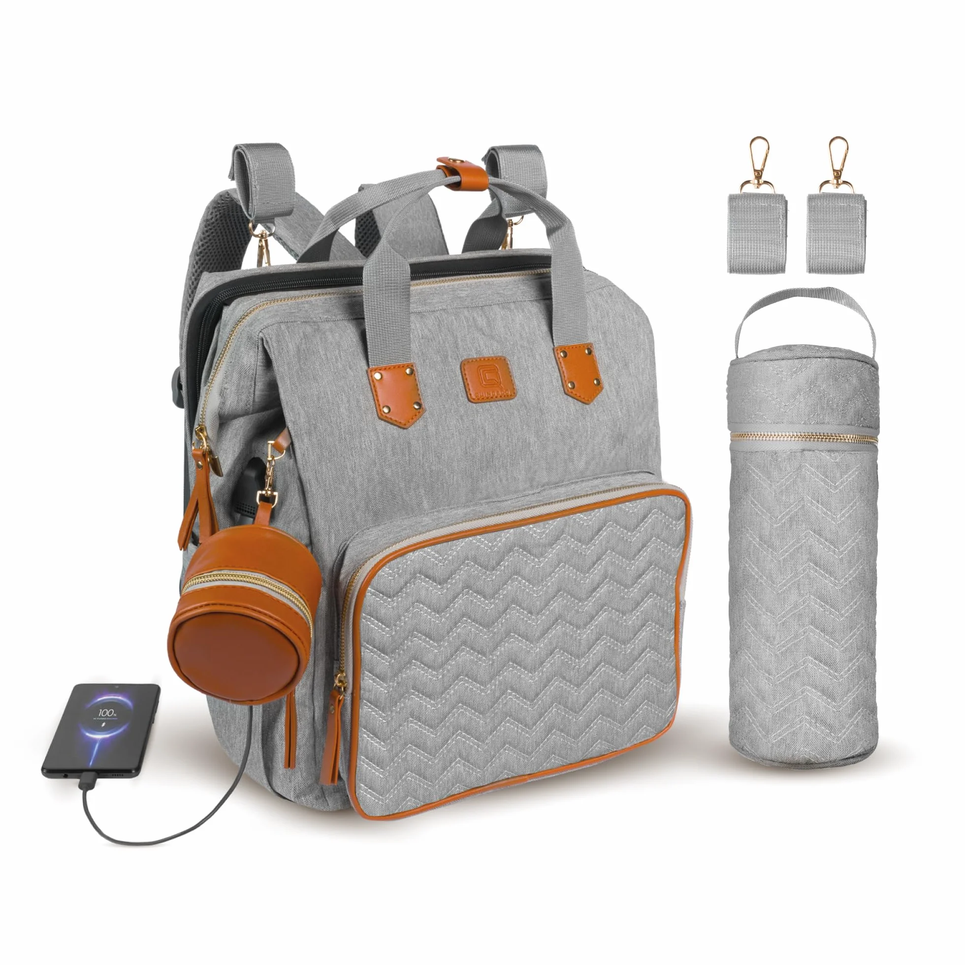 Bolso para Carrito de Bebé Mochila de Pañales con Cuna Extensible QUINO&CO. Unisex con Ganchos Carro, Funda para Biberones, Chupetero, USB | Regalo Bebes Recien Nacidos (Gris)