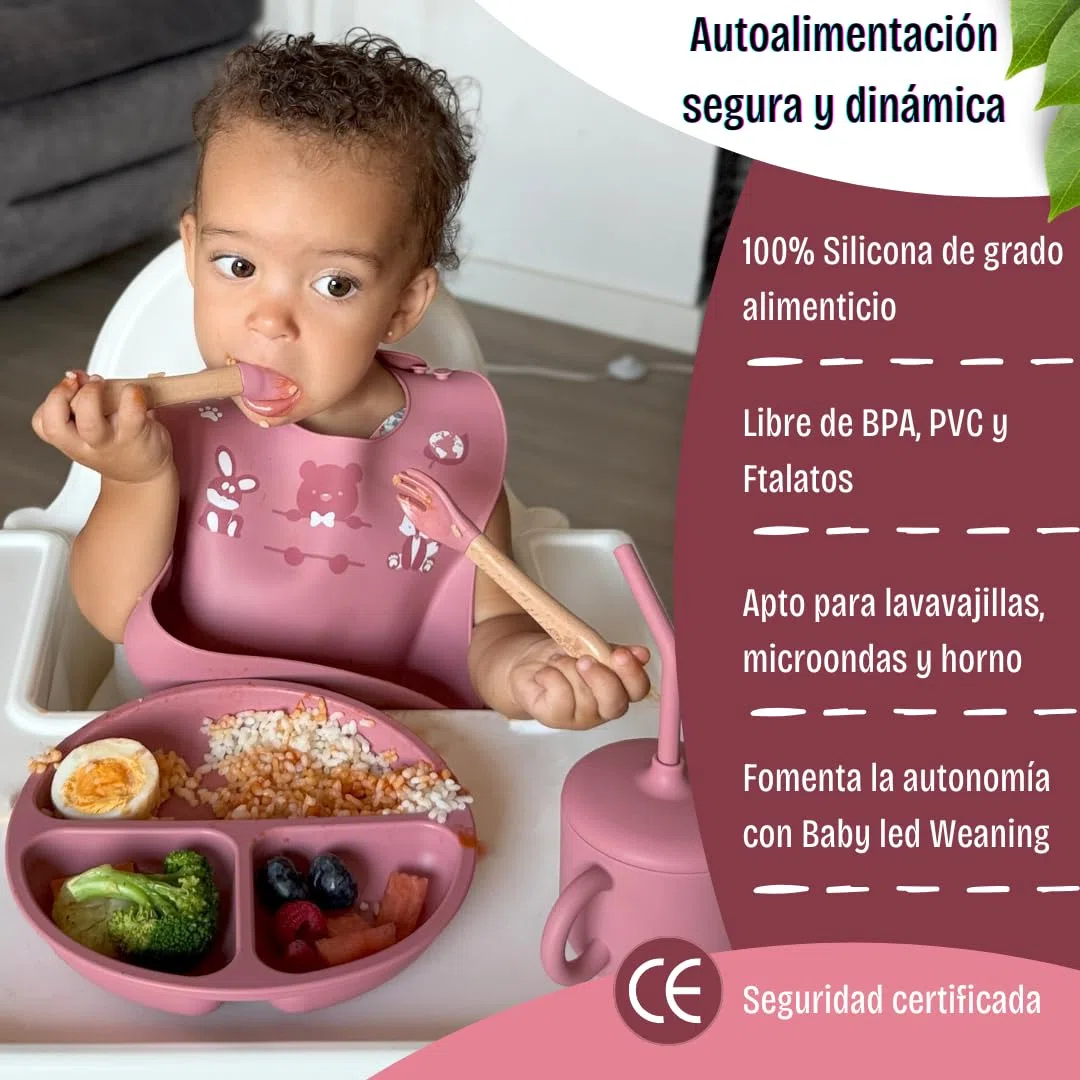 Vajilla Bebe Silicona - Cubiertos Bebe 6 Meses - Platos Bebe Ventosa - Blw Utensilios - Vajilla Infantil - Alimentacion Complementaria Bebe - Cubiertos Infantiles - Babero Silicona Rosa