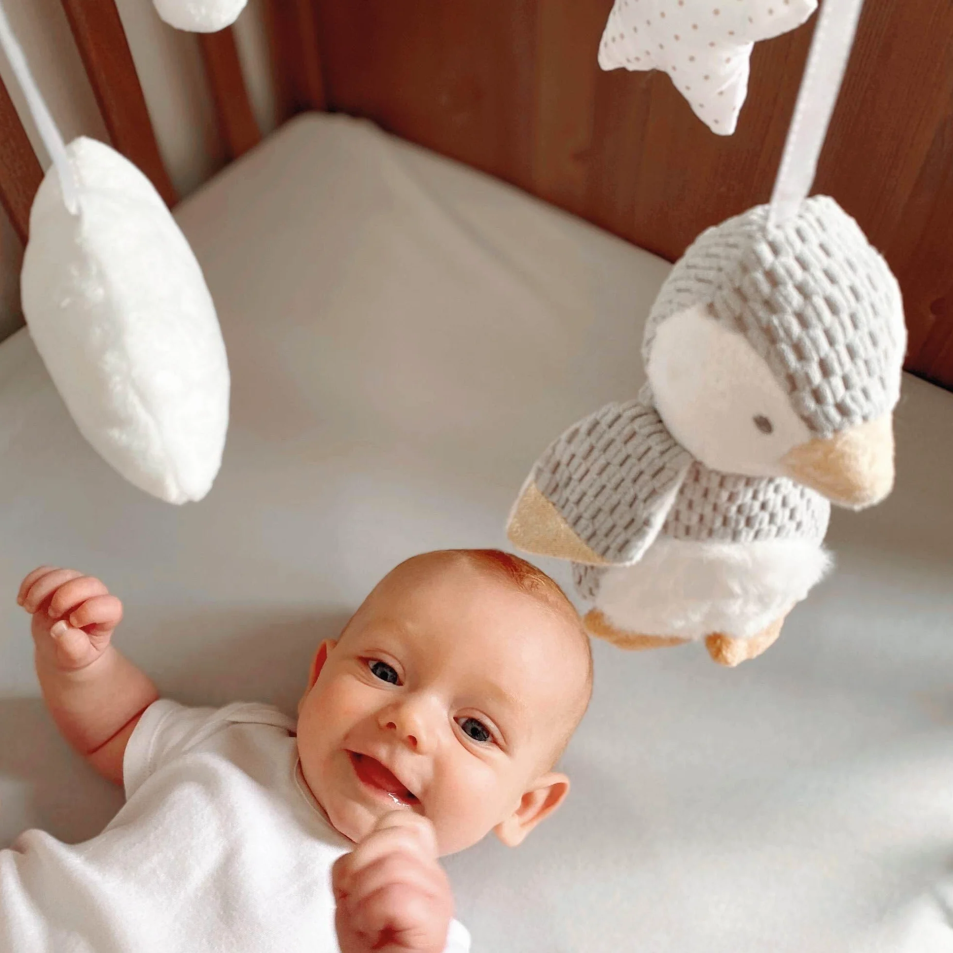 Nuby Móvil Musical para Cuna Bebé Pingüino – Carrusel Giratorio con Música, Brazo Ajustable para la Mayoría de las Cunas, Melodías Calmantes y Peluches Colgantes, 0+ Meses
