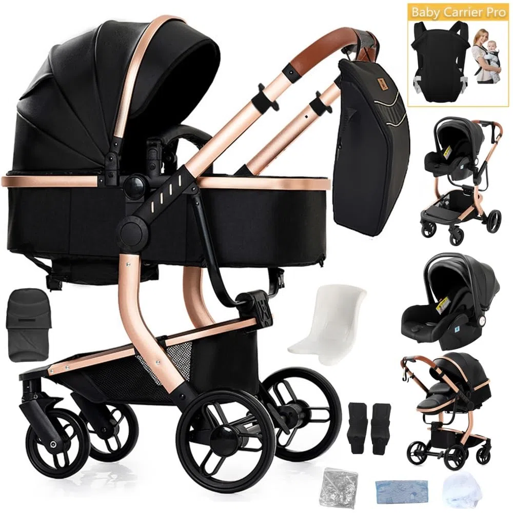 Cochecito 3 en 1 Compacto Plegable con Asiento Convertible,Negro | Plegado sencillo, asiento reclinable, incluye bolso de mamá y portabebés para 0–4 años