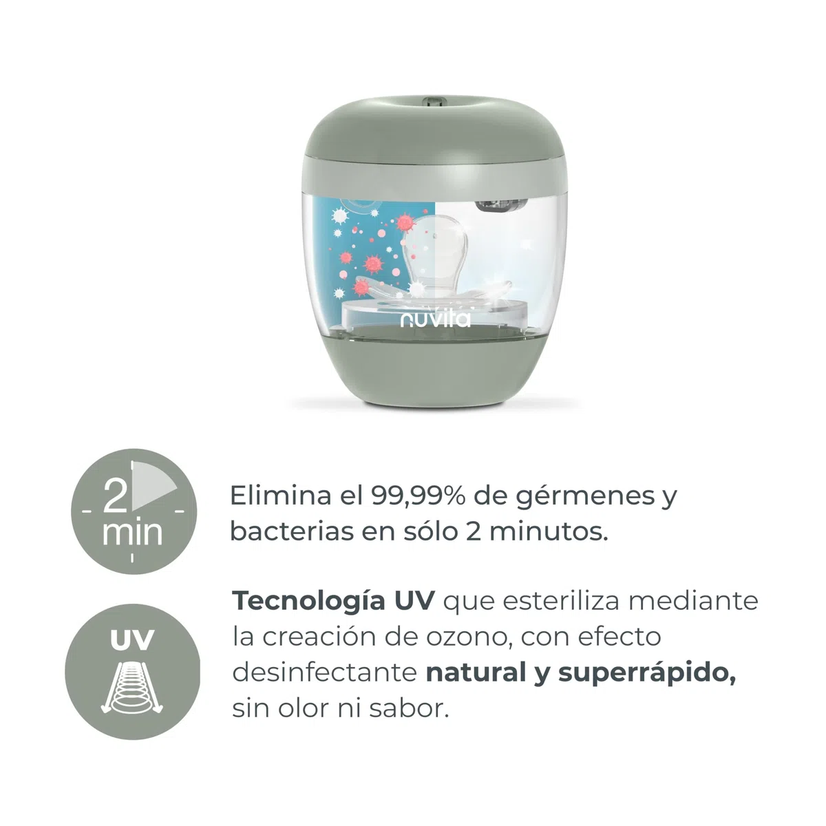 Nuvita 1556 | MellyPlus Esterilizador Portátil UV Ultravioleta para Chupete, Protectores de Pezones, Tetinas y Biberones | Desinfectante 99.9% de gérmenes y bacterias | Sin BPA | Sage Green